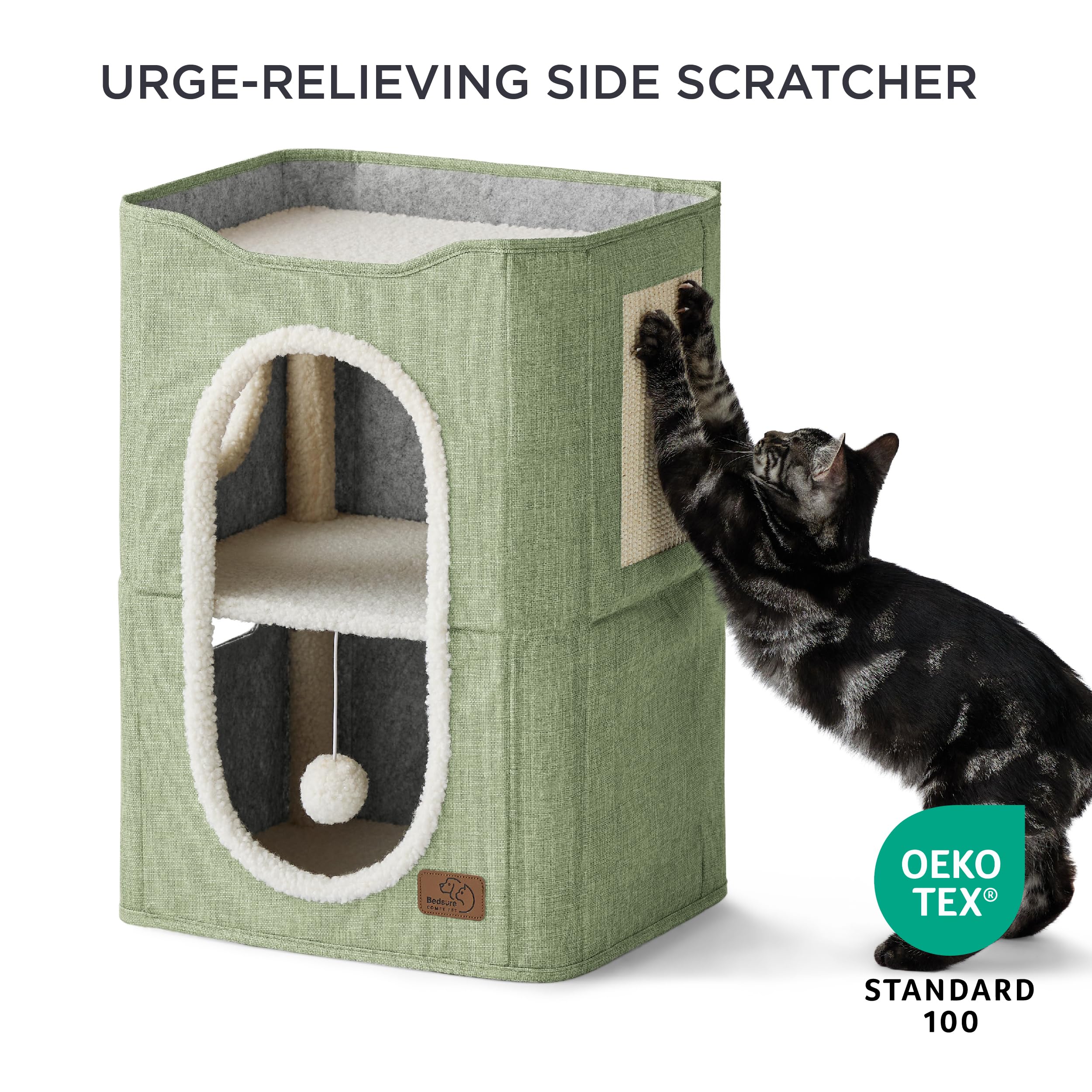 Bedsure 2 Story Cat House lower hideaway offers cozy nap space.