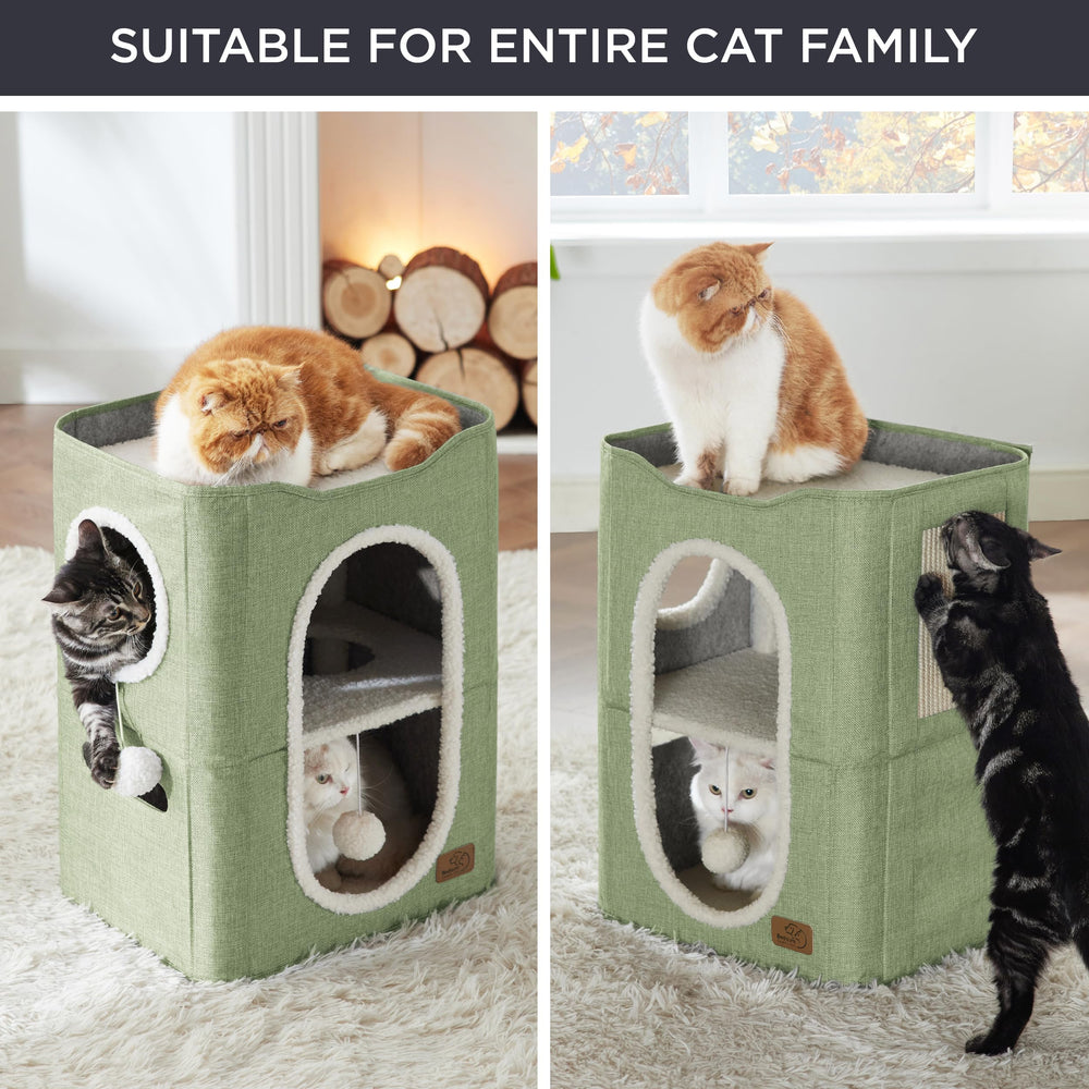 Bedsure cat house includes sisal scratching board for healthy clawing.