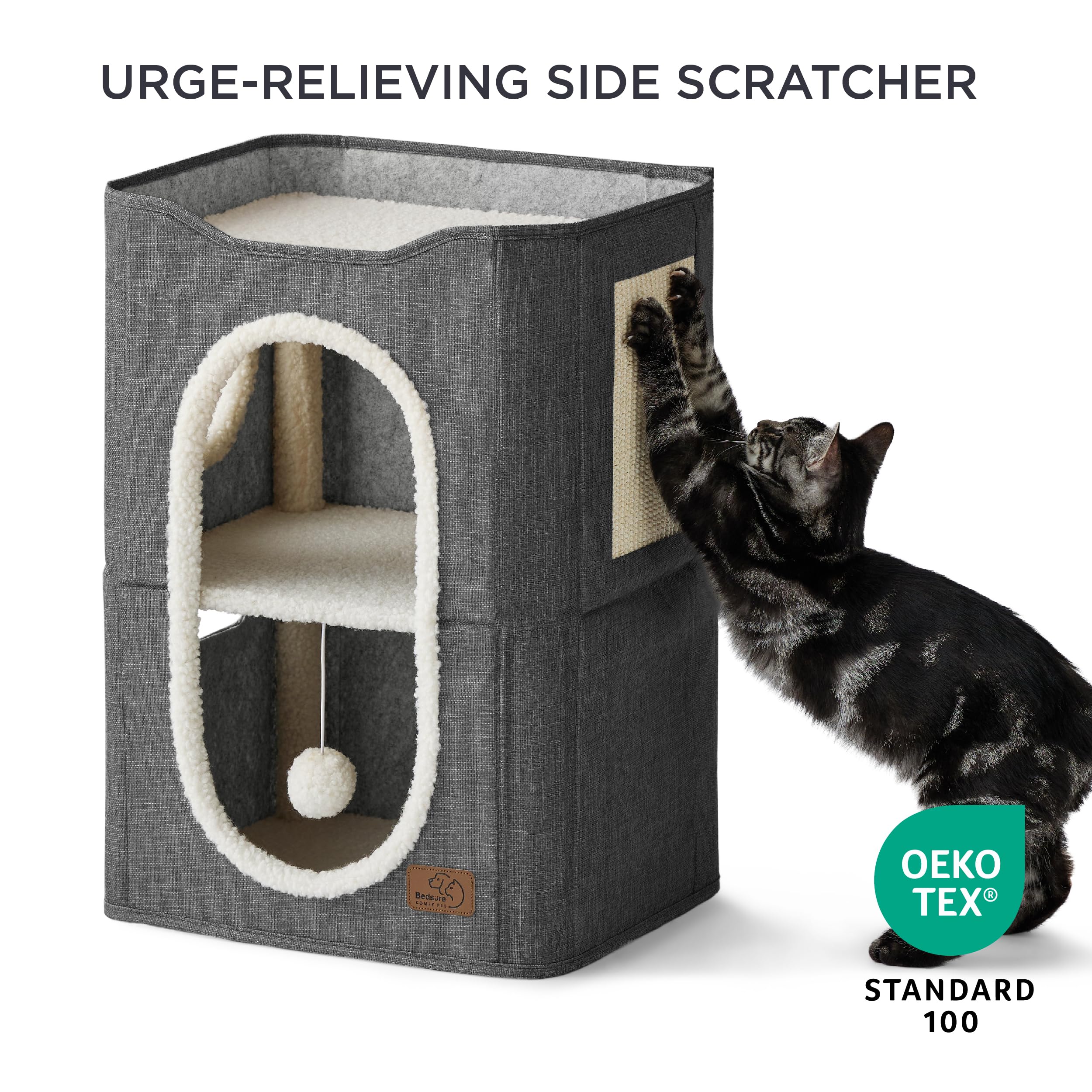 Bedsure 2 Story Cat House upper perch ideal for window watching.