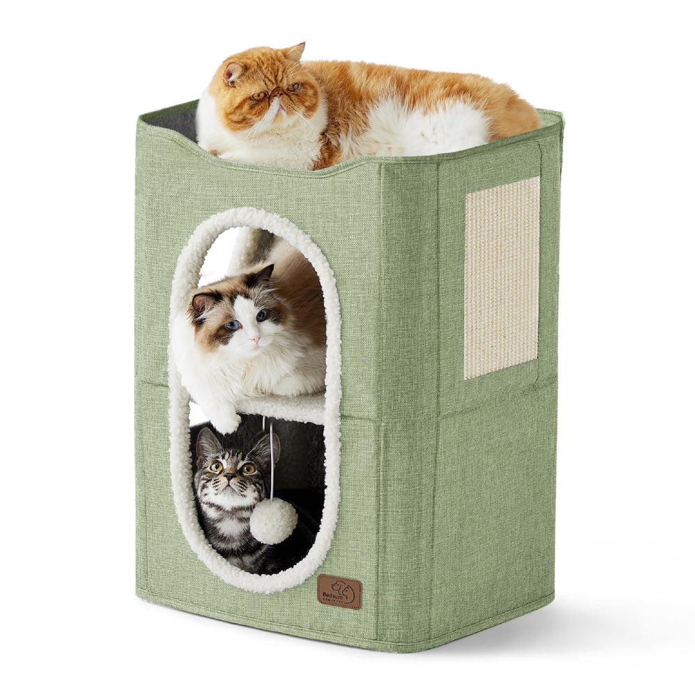 Bedsure 2 Story Cat House upper perch for elevated cat view and supervision.