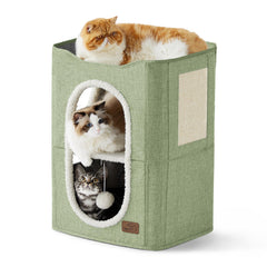 Bedsure 2 Story Cat House upper perch for elevated cat view and supervision.