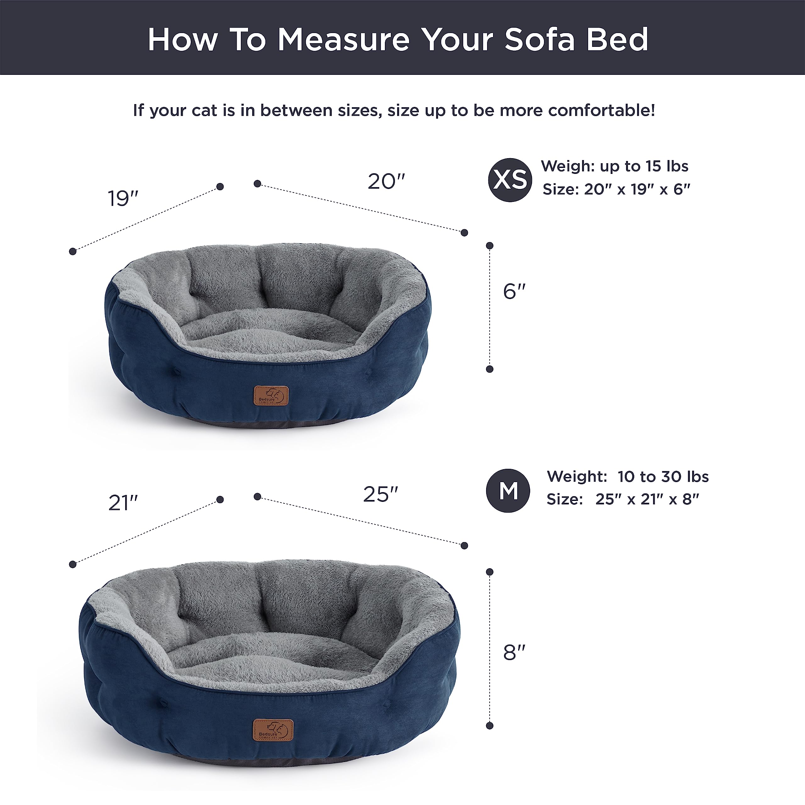 Bedsure 25-inch navy bed ideal for small dogs and indoor cats resting.