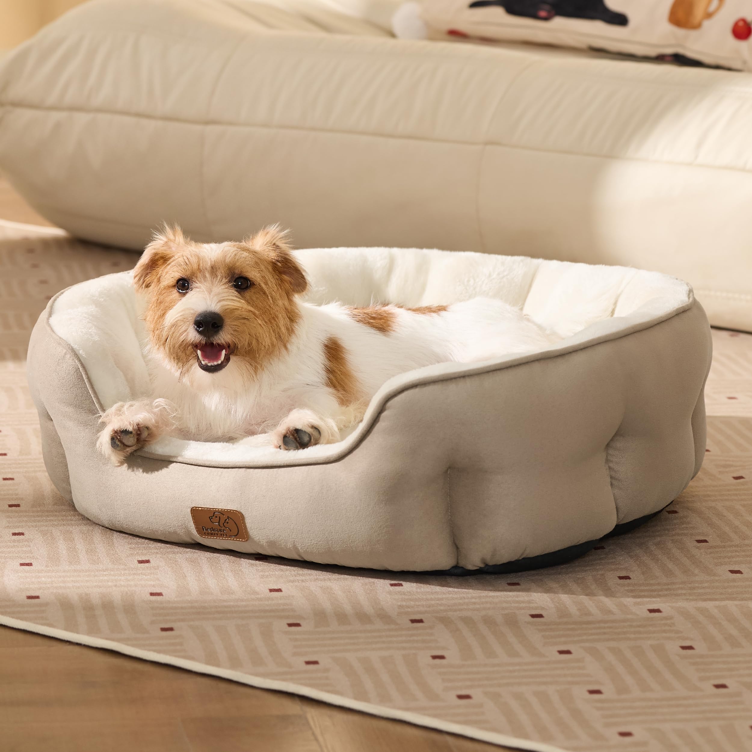 Bedsure 28in camel dog bed illustrating ample space for medium dogs
