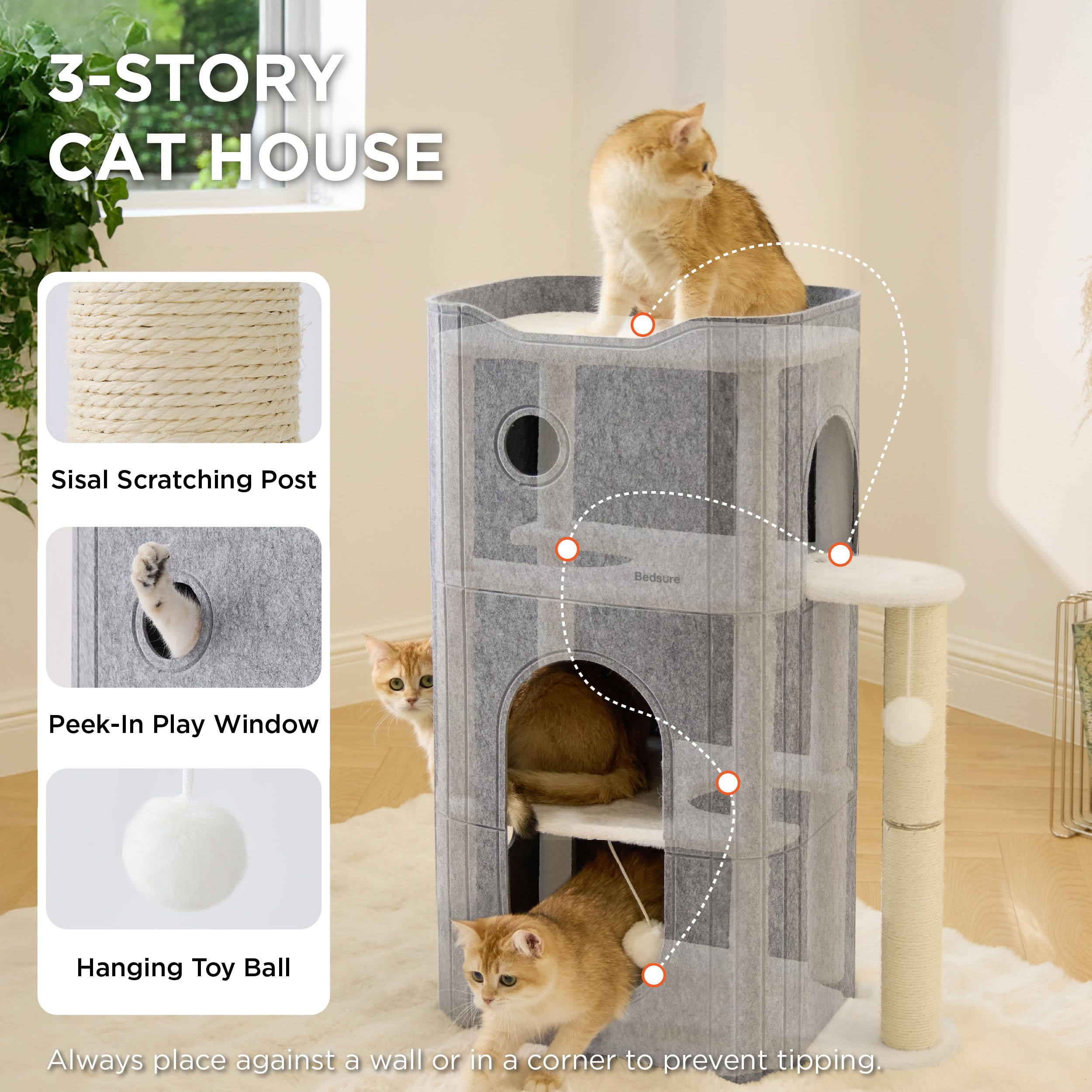 Bedsure 3Level cat bed sisal-post closeup promotes healthy scratching.