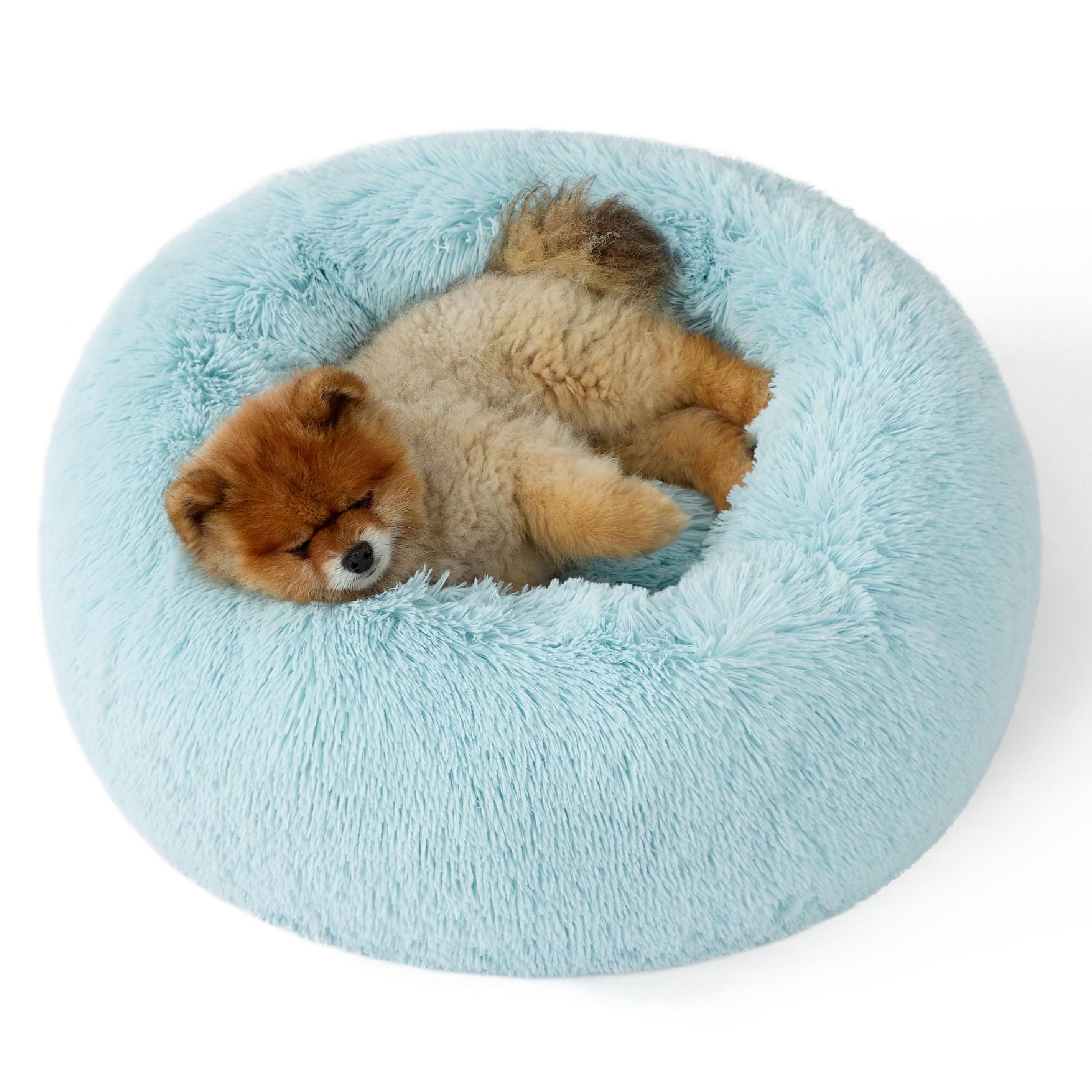 Bedsure calming donut bed close-up in aqua blue showing plush faux fur comfort for curling sleepers