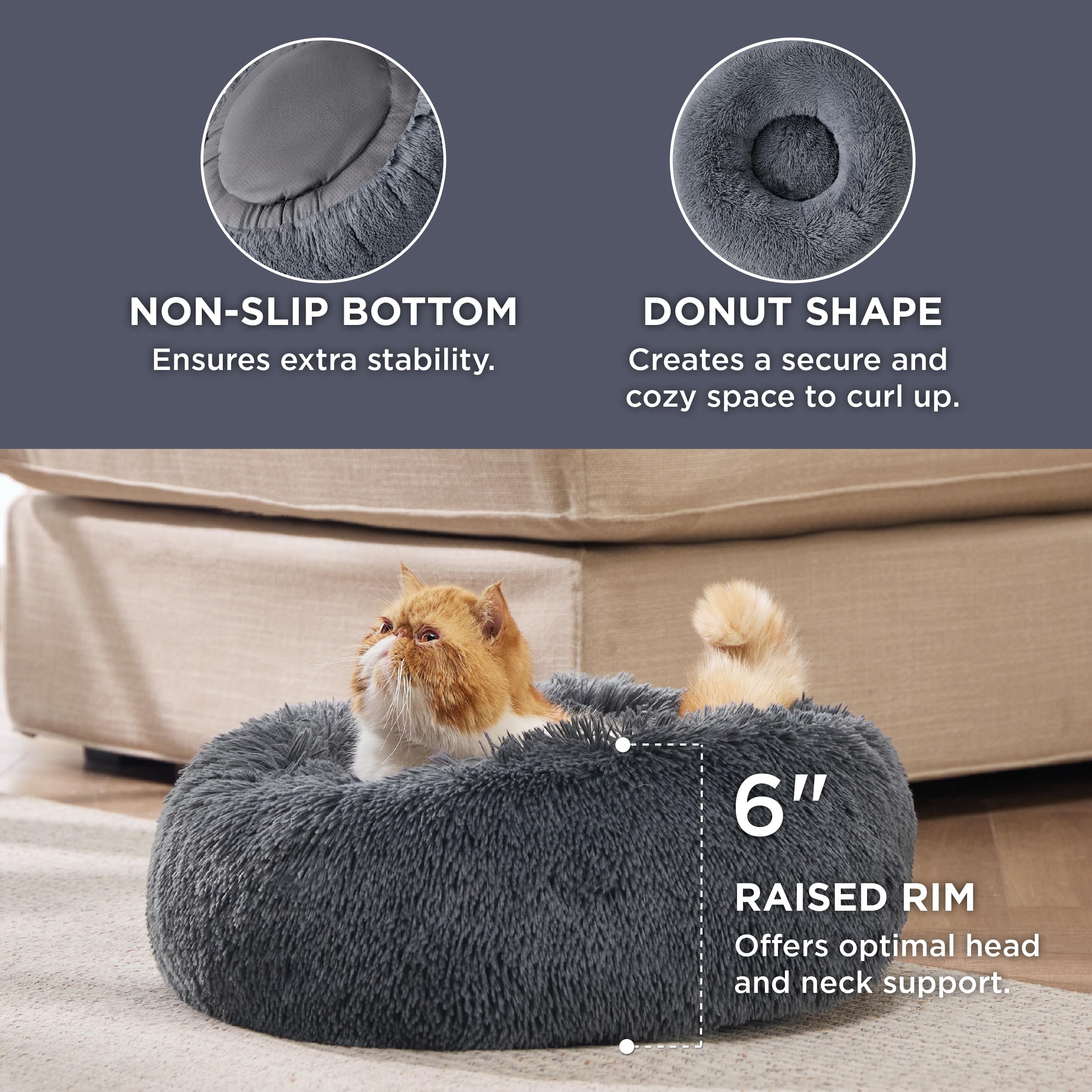 Bedsure calming cat bed anti-slip base ensures stable resting on slick floors.