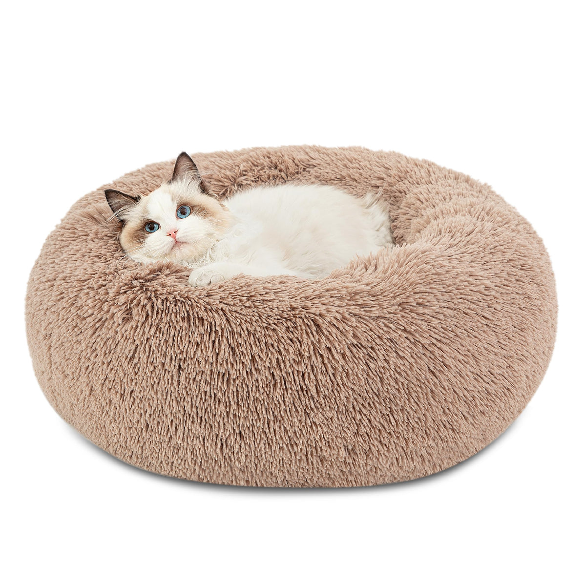 Bedsure calming cat bed round fluffy faux fur close-up, ideal for cozy curling up.