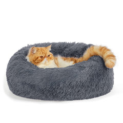 Bedsure calming cat bed round fluffy faux fur close-up shows plush comfort.