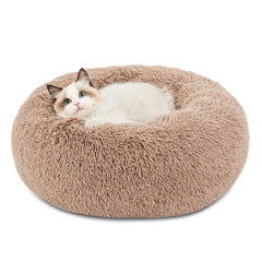 Bedsure calming cat bed round fluffy faux fur close-up, ideal for cozy curling up.