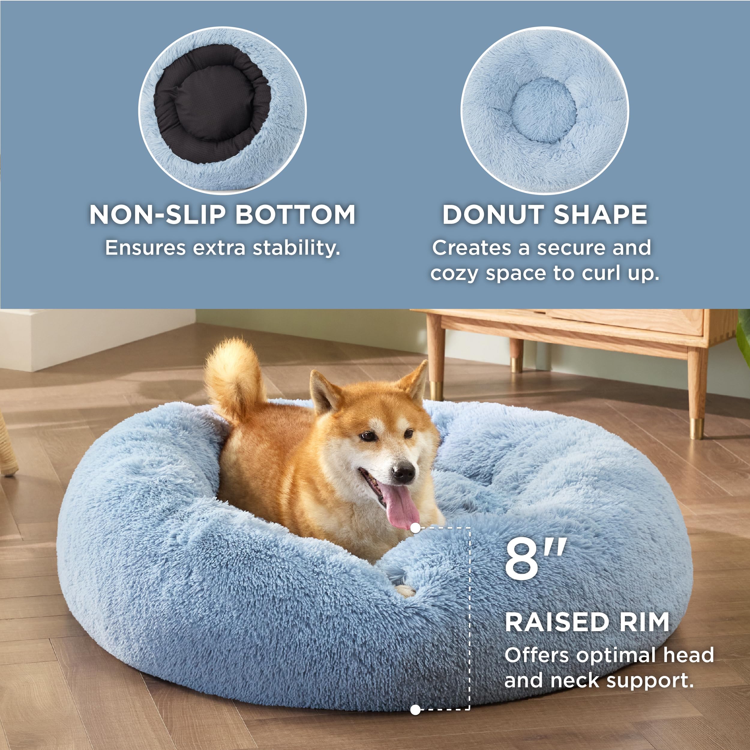 Bedsure calming dog bed anti-slip base keeps the circular bed in place during play.