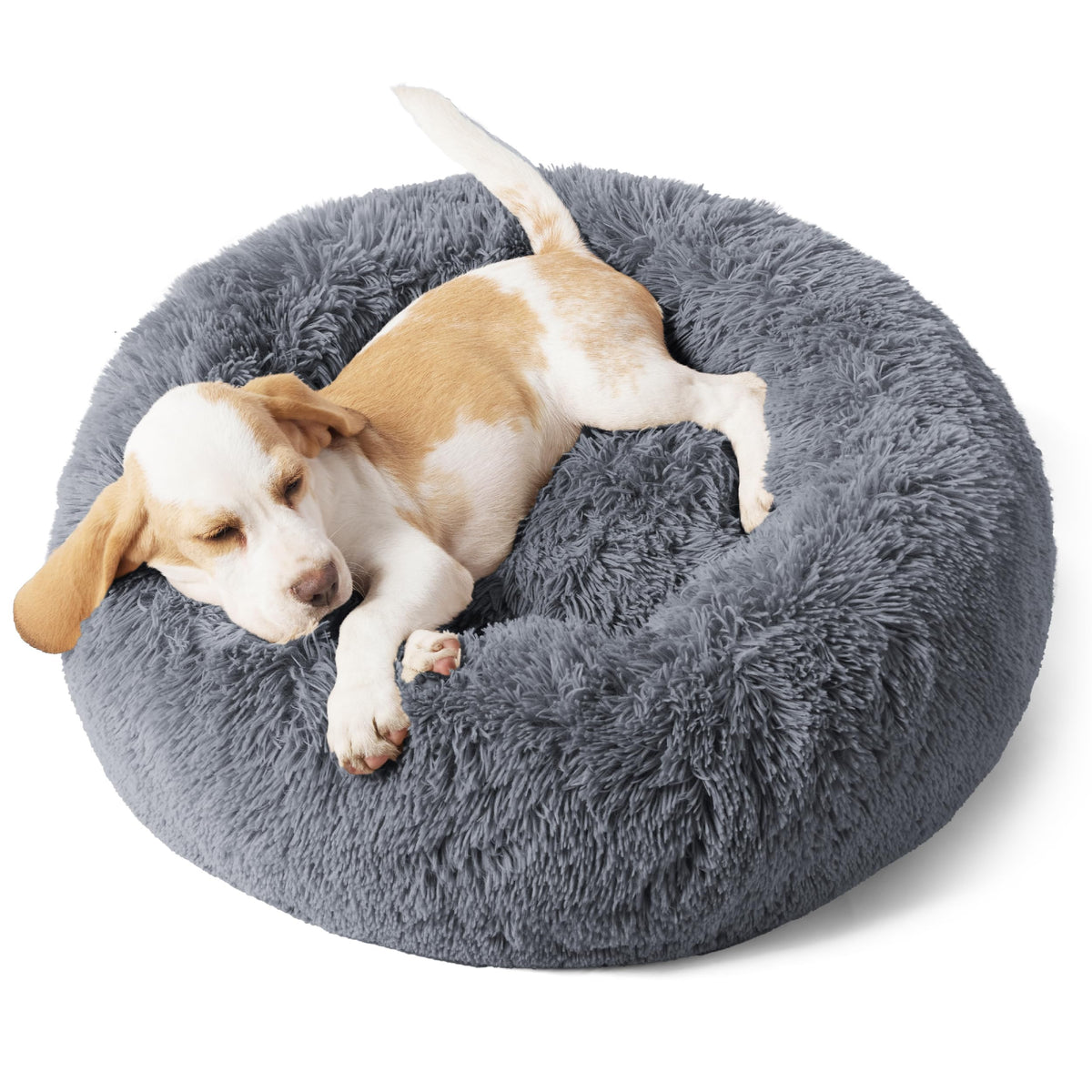 Bedsure calming dog bed donut 23in dark grey top view highlights plush fur for cozy curls