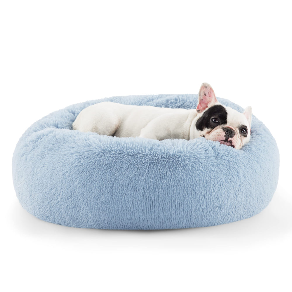 Bedsure calming dog bed donut-round light blue 23in promotes relaxed naps and cozy curling for small dogs.