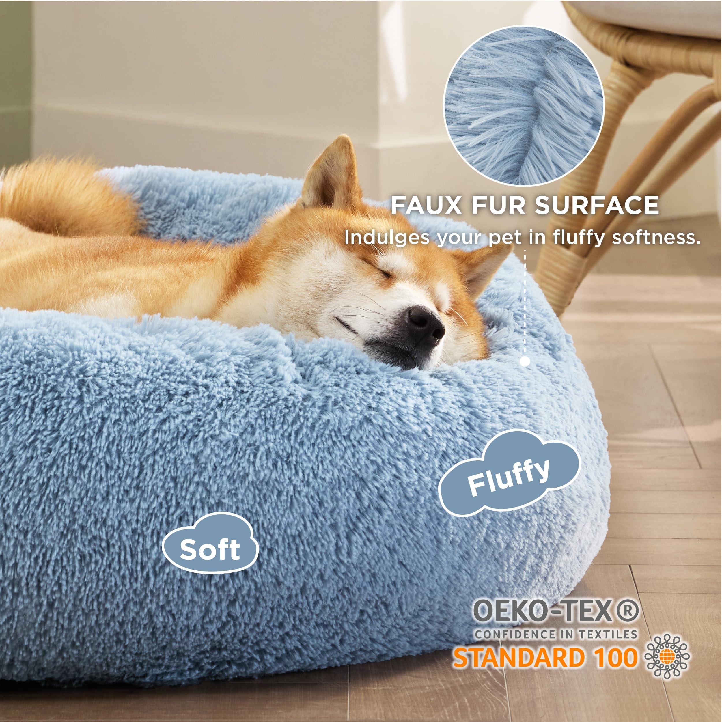 Bedsure calming dog bed soft faux fur texture provides plush warmth for cozy lounging.