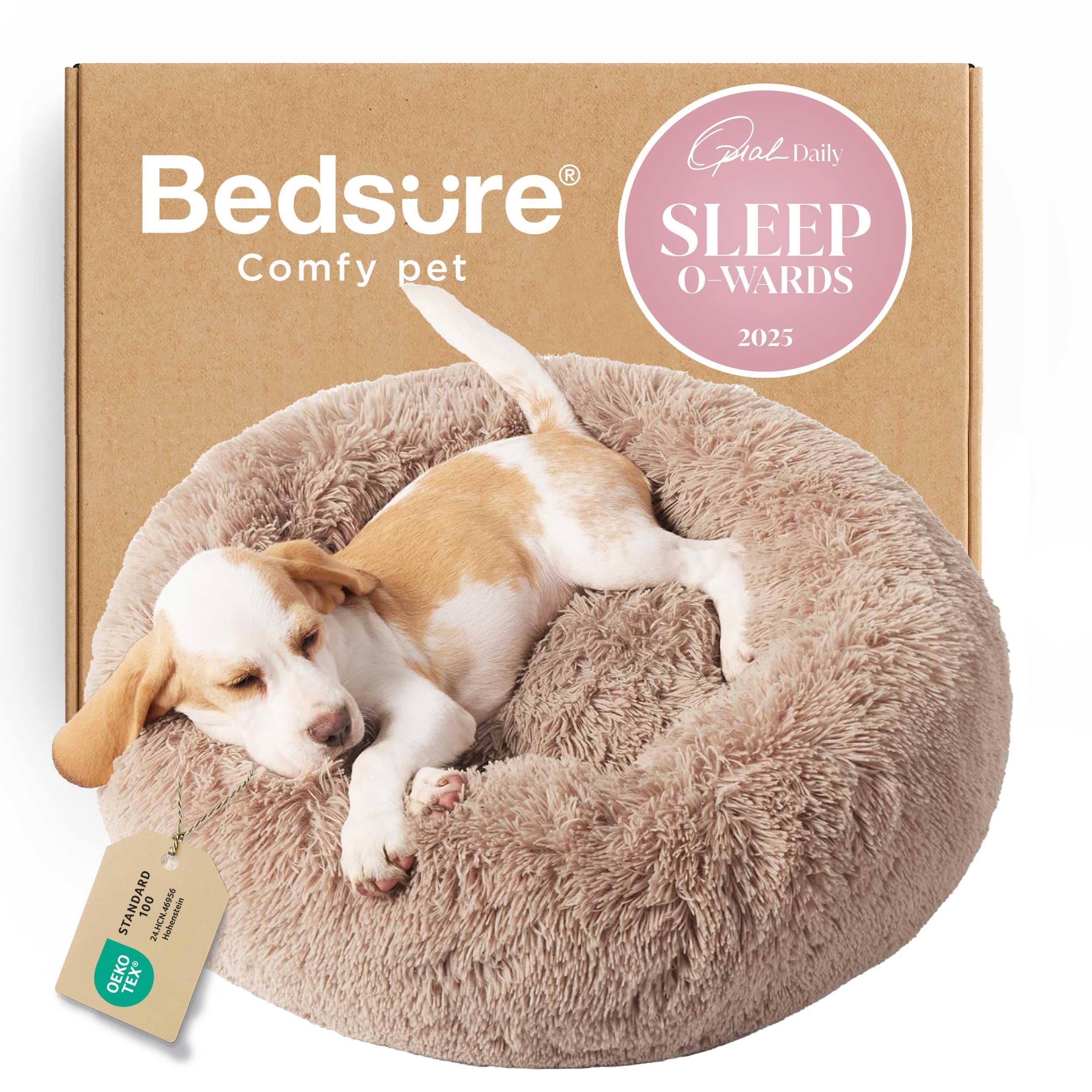 Bedsure calming donut bed camel side-view shows secure cozy resting spot for small dogs.