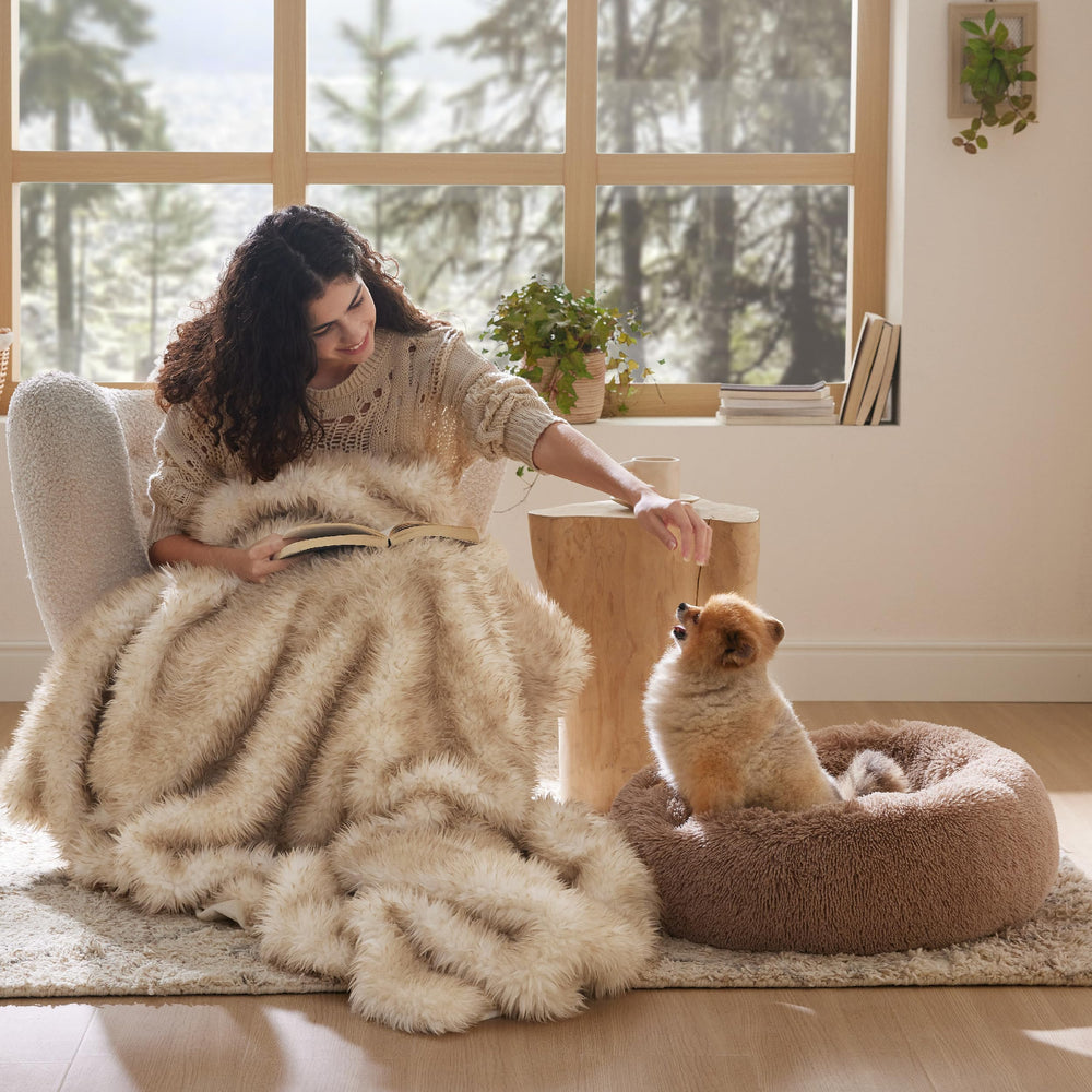 Bedsure calming donut bed camel dog snuggling demonstrates secure comfortable naps.