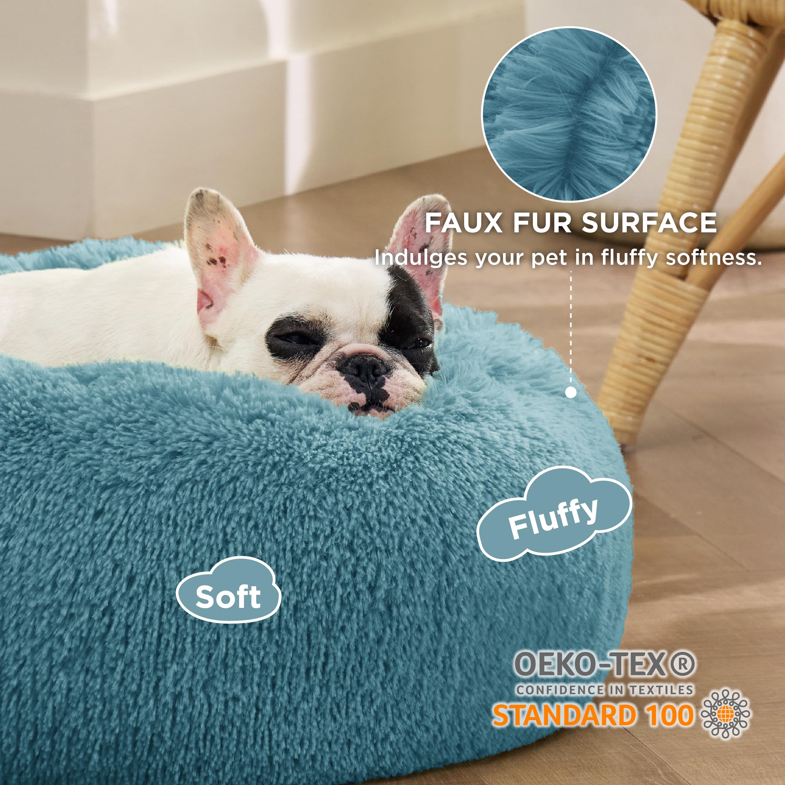 Bedsure calming donut bed close-up shows plush fur texture for curling sleepers.