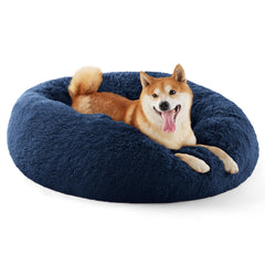 Bedsure calming donut bed navy side view with anti-slip base for steady rest.