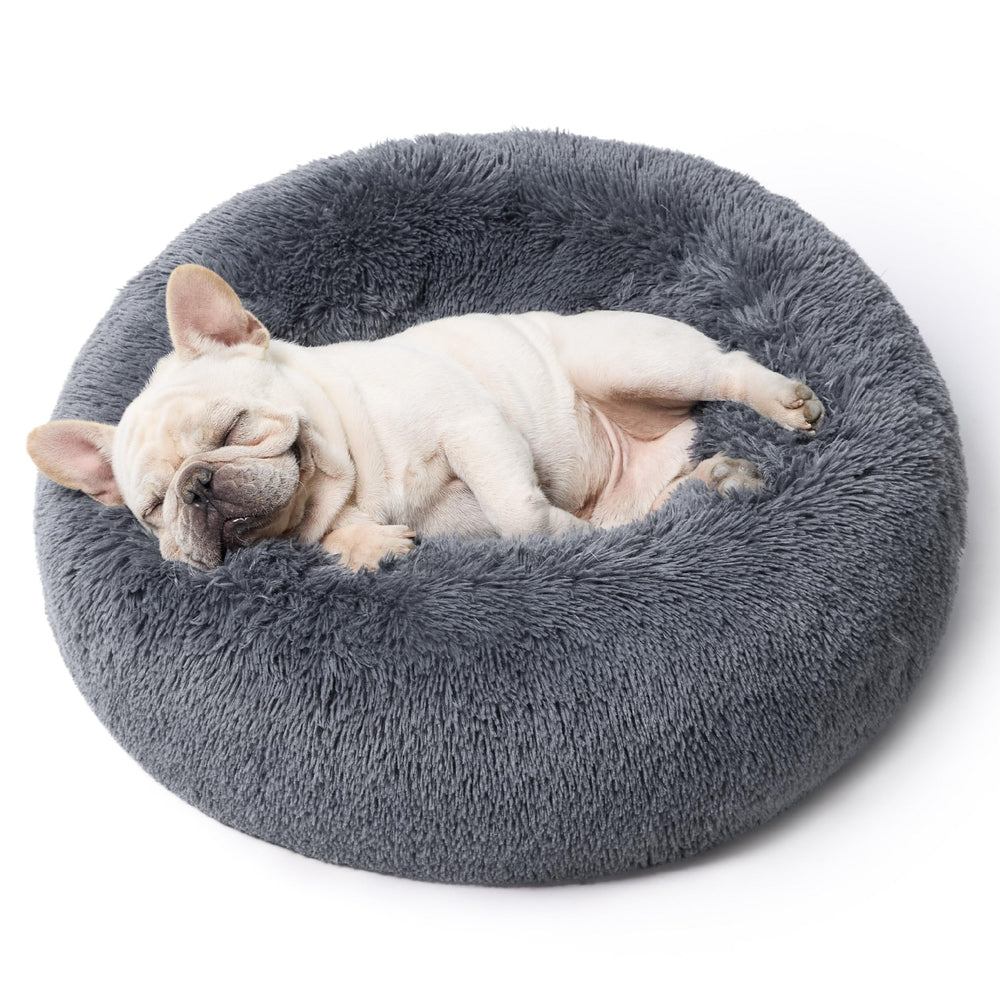 Bedsure calming donut dog bed 30in dark grey for cozy curl-ups.