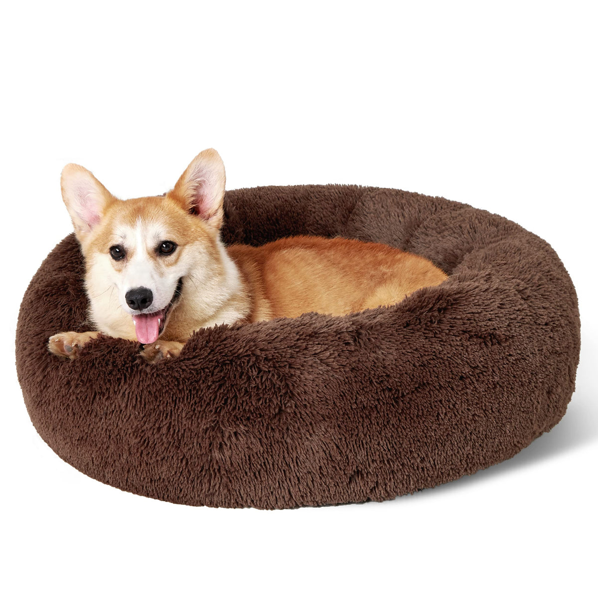 Bedsure calming donut dog bed with plush faux fur for cozy curling comfort.
