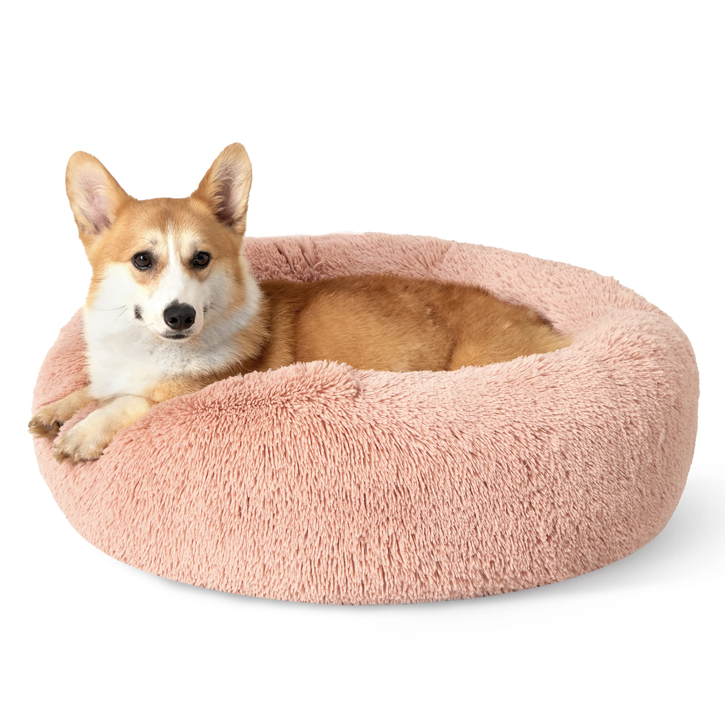 Bedsure calming donut dog bed pink 30in with plush fur for cozy curl-ups