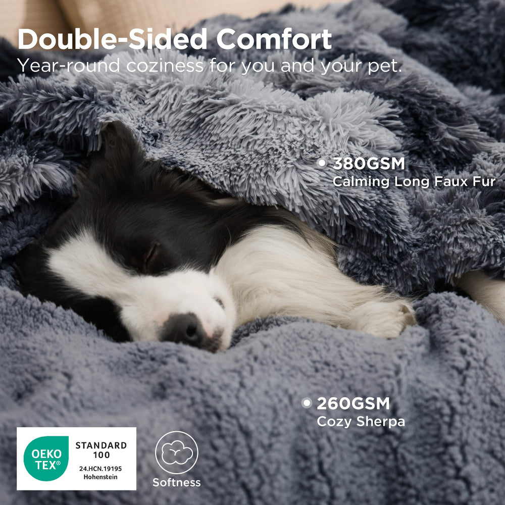 Bedsure calming faux fur reverse highlights luxurious softness for restful dog lounging.
