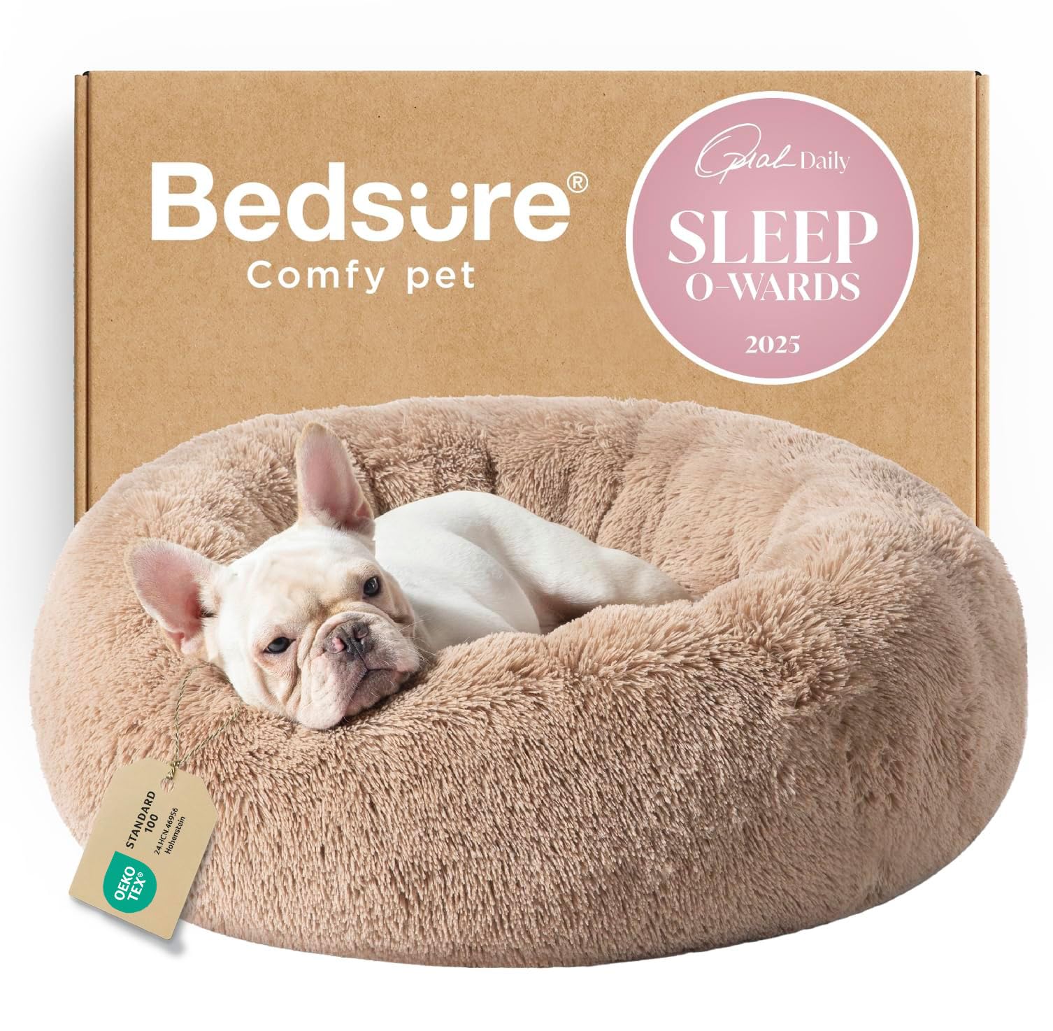 Bedsure camel donut dog bed 30in top view shows plush faux fur warmth for curling