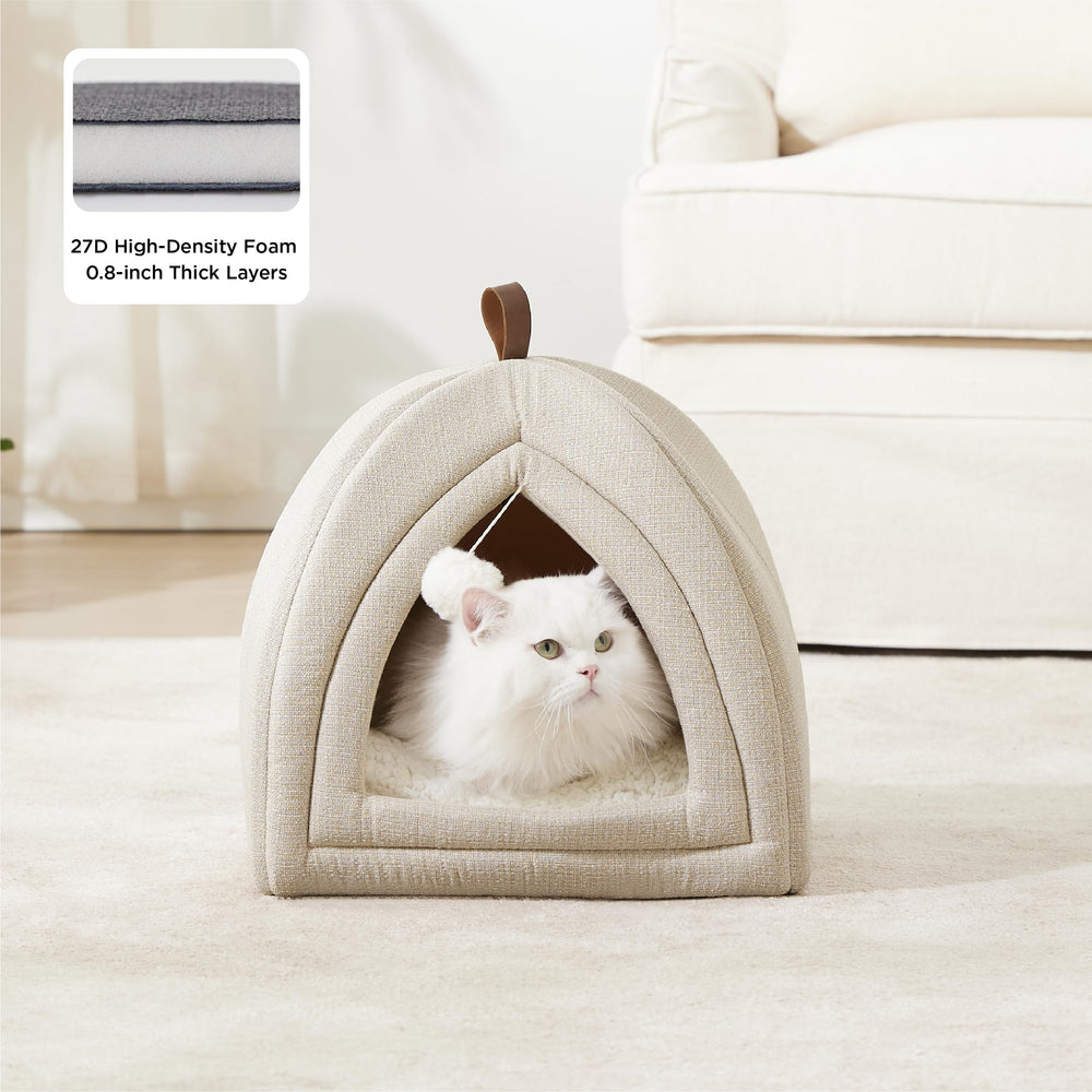 Bedsure cat bed entrance with dangling toy ball for playful retreat.