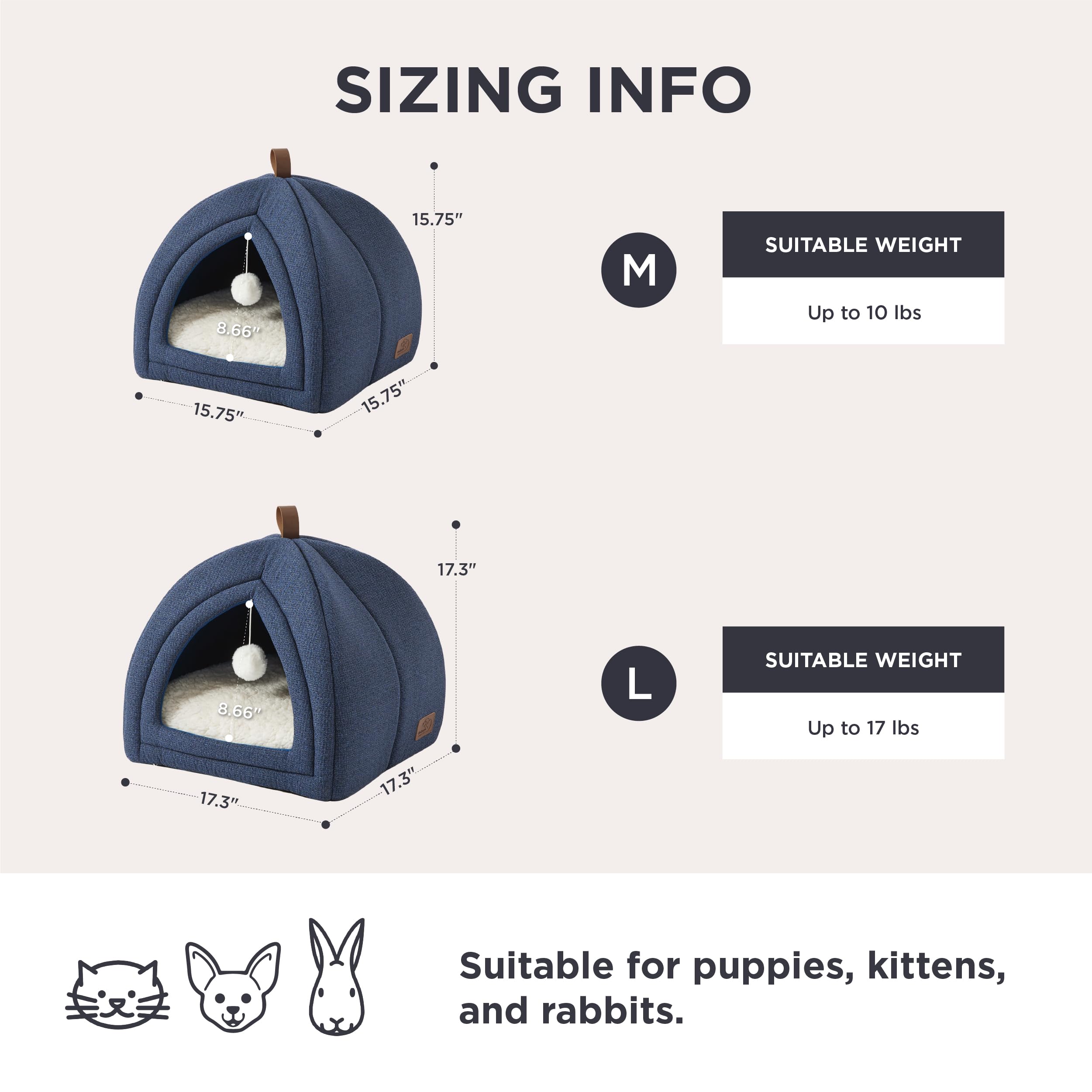 Bedsure navy cat cave features dangling toy ball for play and exploration.