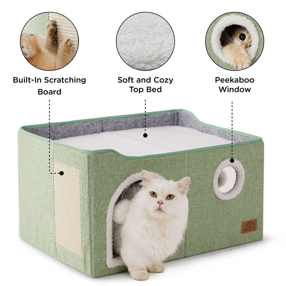 Bedsure cat bed dual entrances image encouraging exploration and entry options.