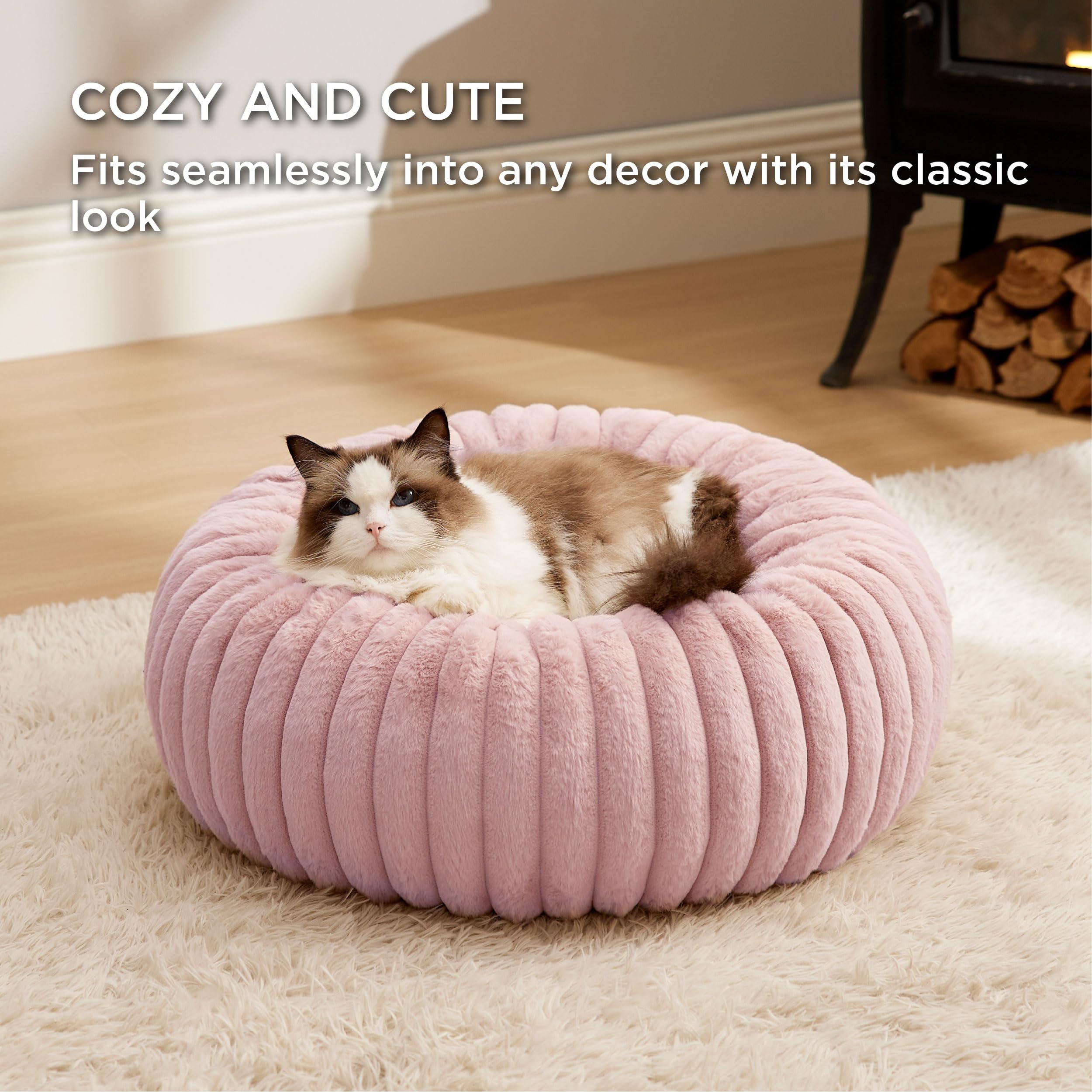 Bedsure cat bed faux-fur-texture delivers luxurious comfort for quiet afternoon cuddles.