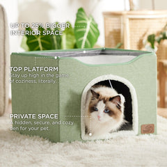 Bedsure cat bed green with fluffy hanging ball close-up for play