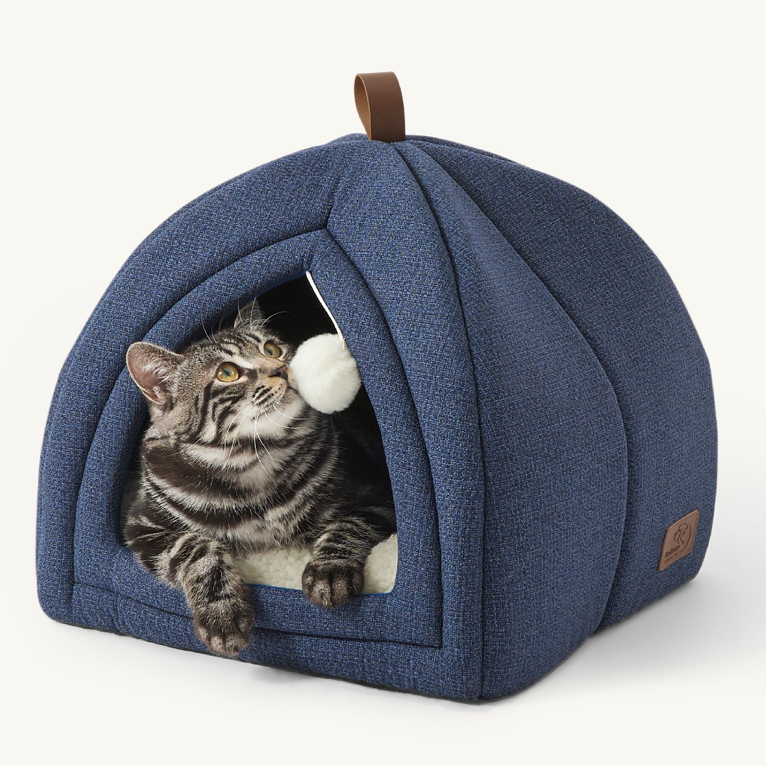 Bedsure 2-in-1 cat cave in navy provides a cozy indoor retreat and 16-inch size.