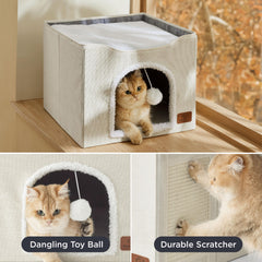 Bedsure cat bed ivory bottom den area shows hidden space for rest.