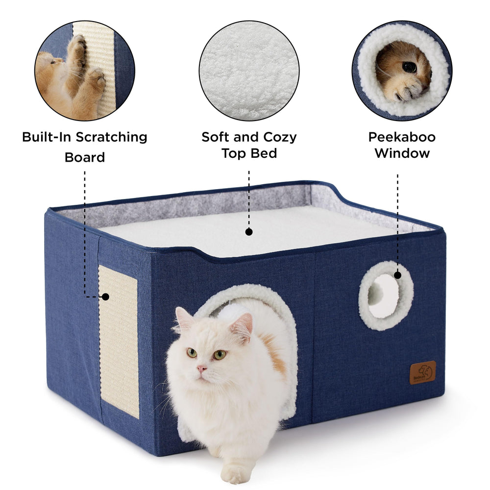 Bedsure cat bottom hideaway blue provides secure enclosed space for restful naps.