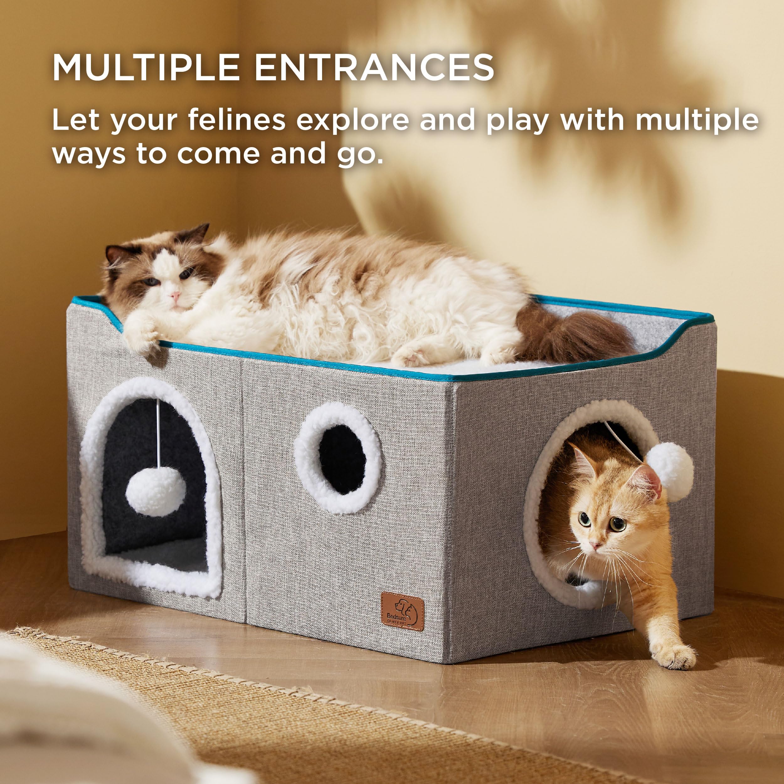 Bedsure cat cube house fluffy ball hanging adds playful engagement and interactive fun.