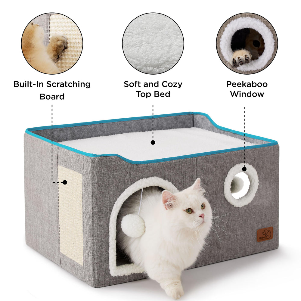 Bedsure cat cube house top nap platform provides a comfy elevated spot for daytime naps.