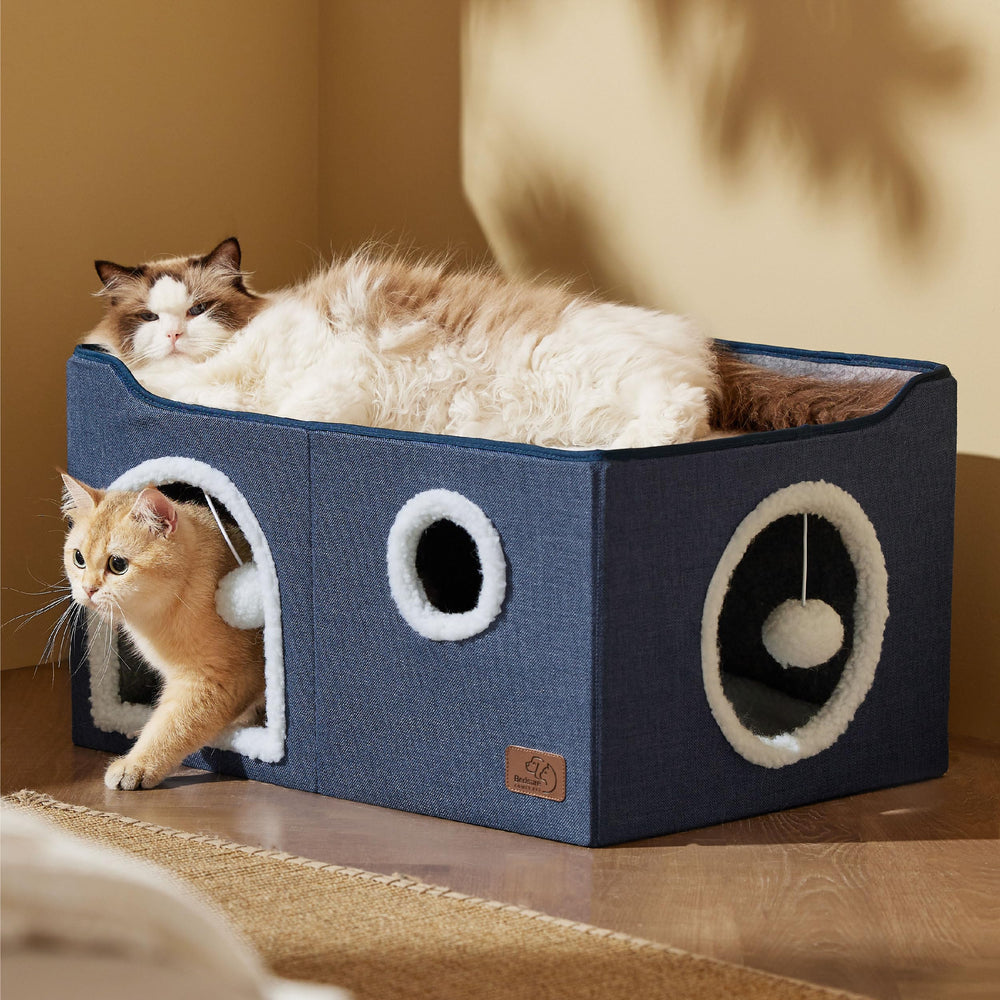 Bedsure cat house durable MDF blue supports up to 30 lbs for confident climbing.