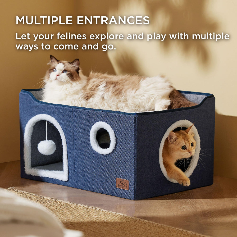 Bedsure cat house with tunnel entrances blue invites exploration and cozy den moments.