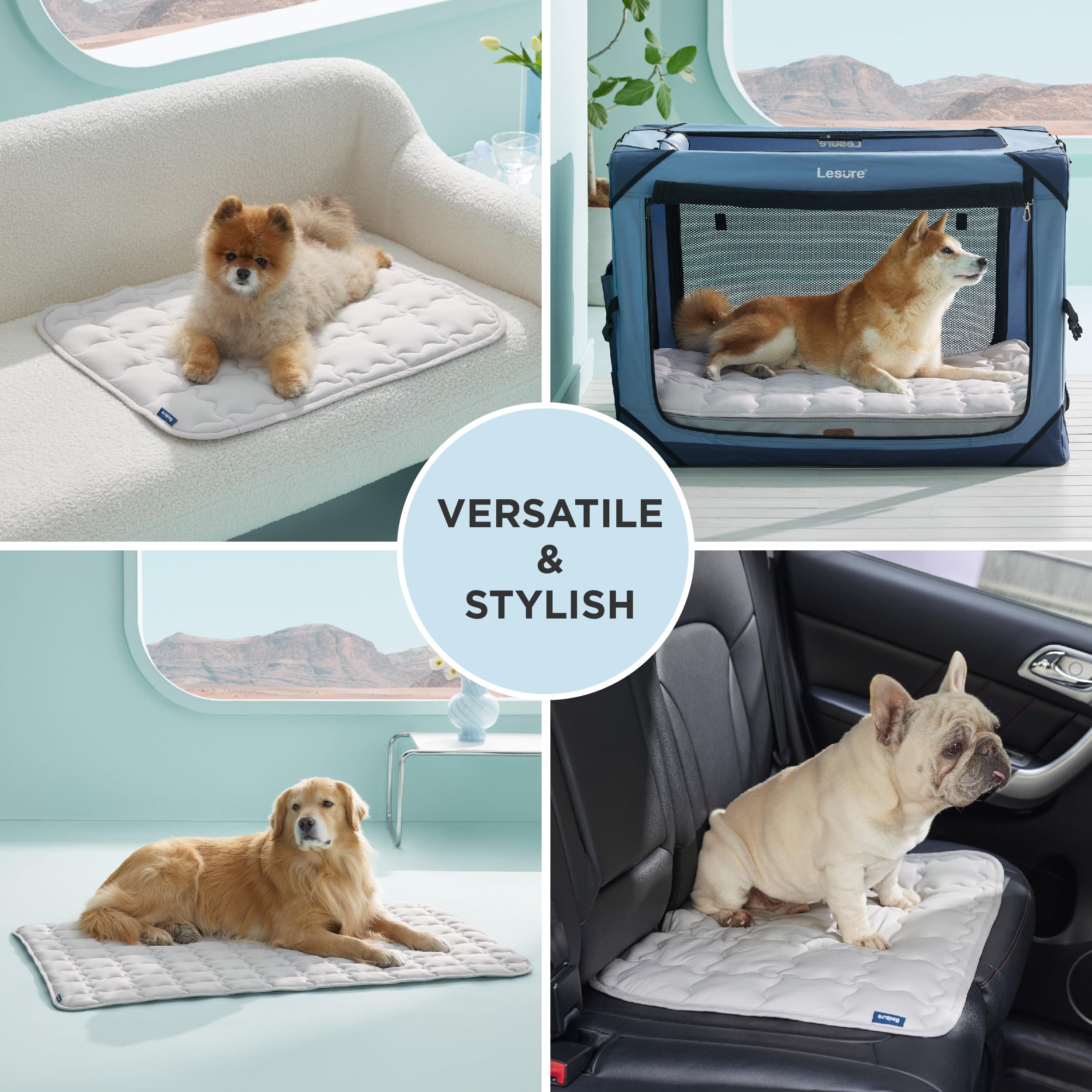 Bedsure cooling mat with a medium dog lounging comfortably in living room.
