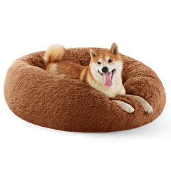 Bedsure copper donut dog bed top view for calming curl-up naps.