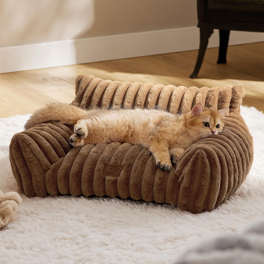 Bedsure Cute Cat Couch copper brown front view shows plush comfort for cozy indoor naps