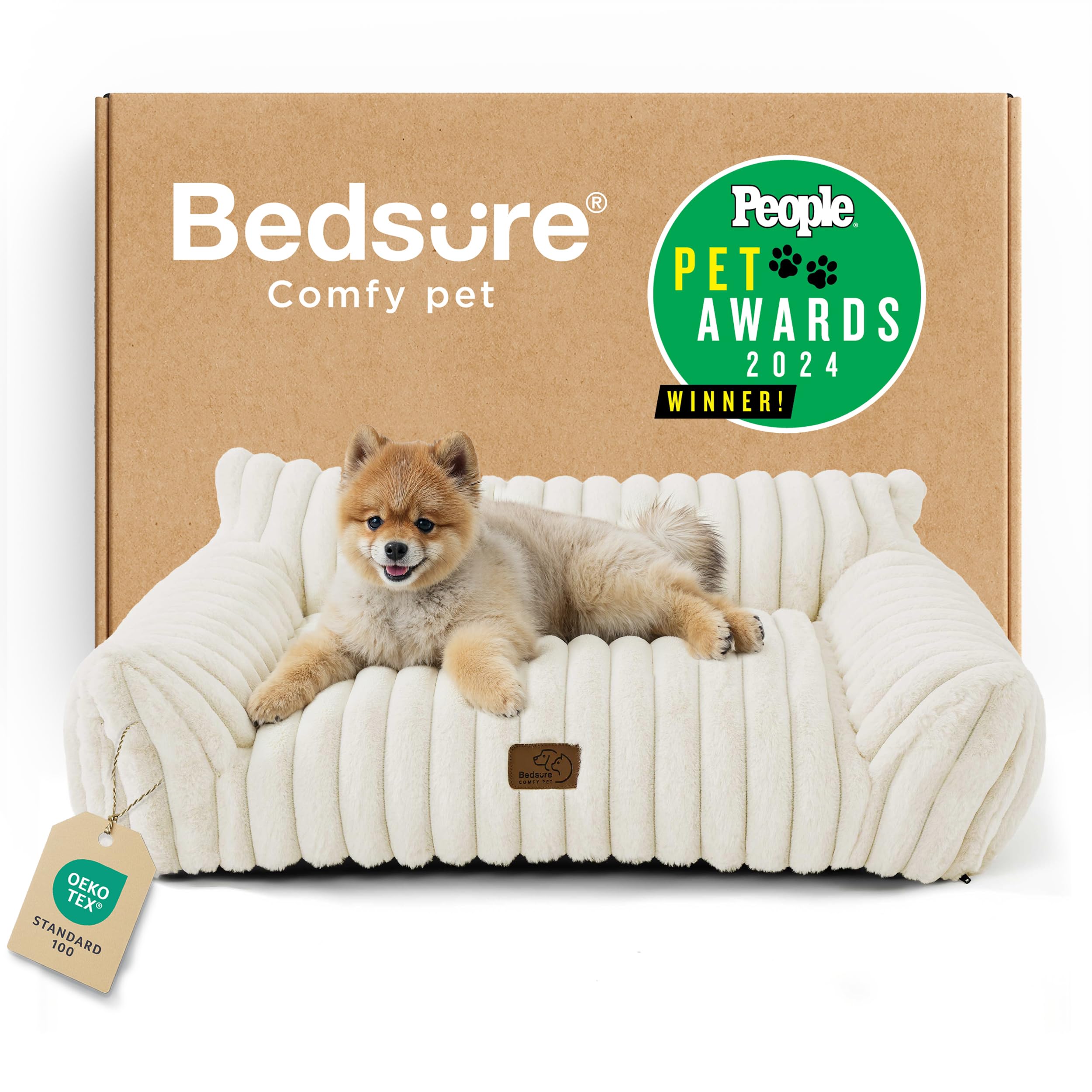 Bedsure cute cat couch front view in cream corduroy offers plush comfort for cozy naps.
