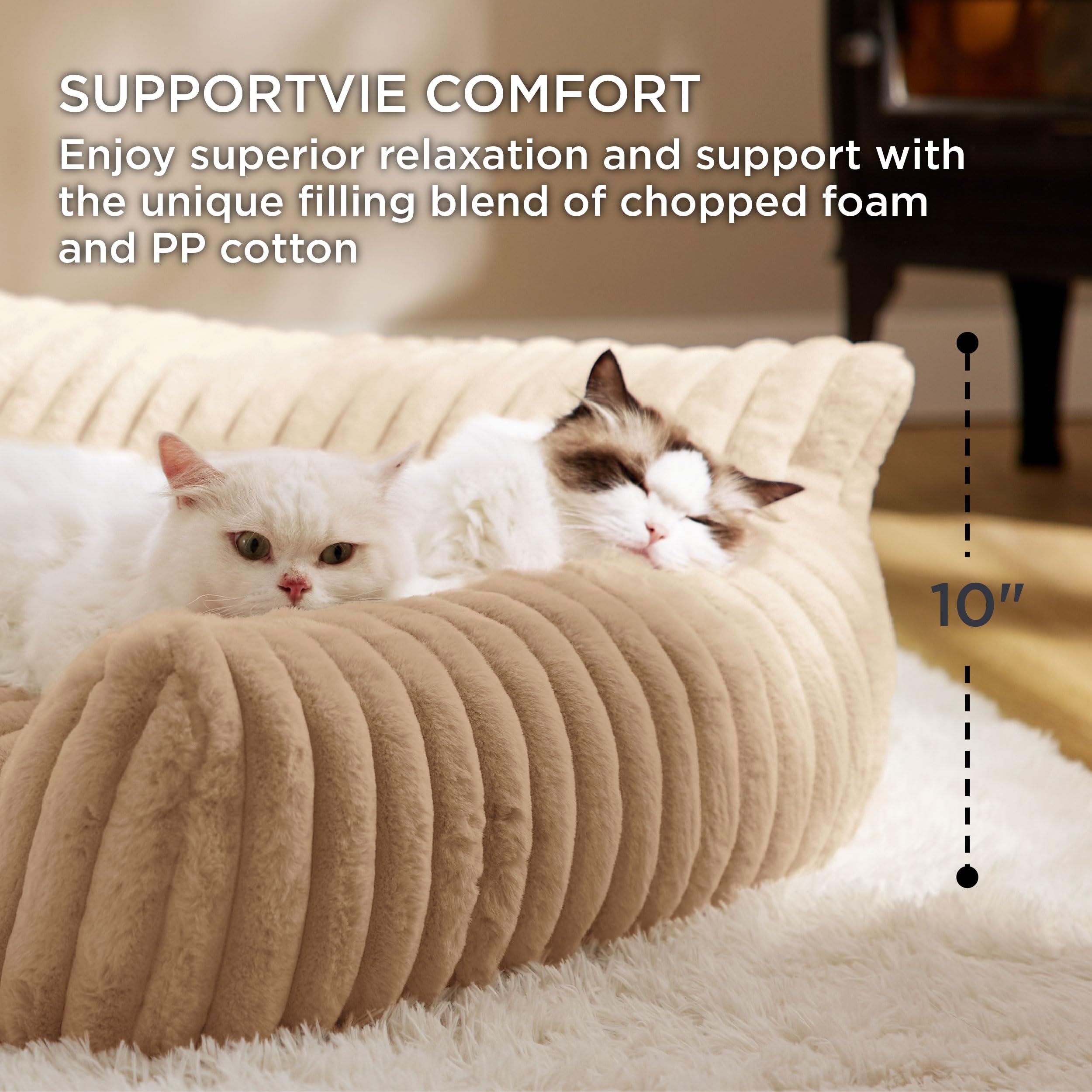 Bedsure Cute Cat Couch Tuscan Beige close-up of faux fur and soft texture.