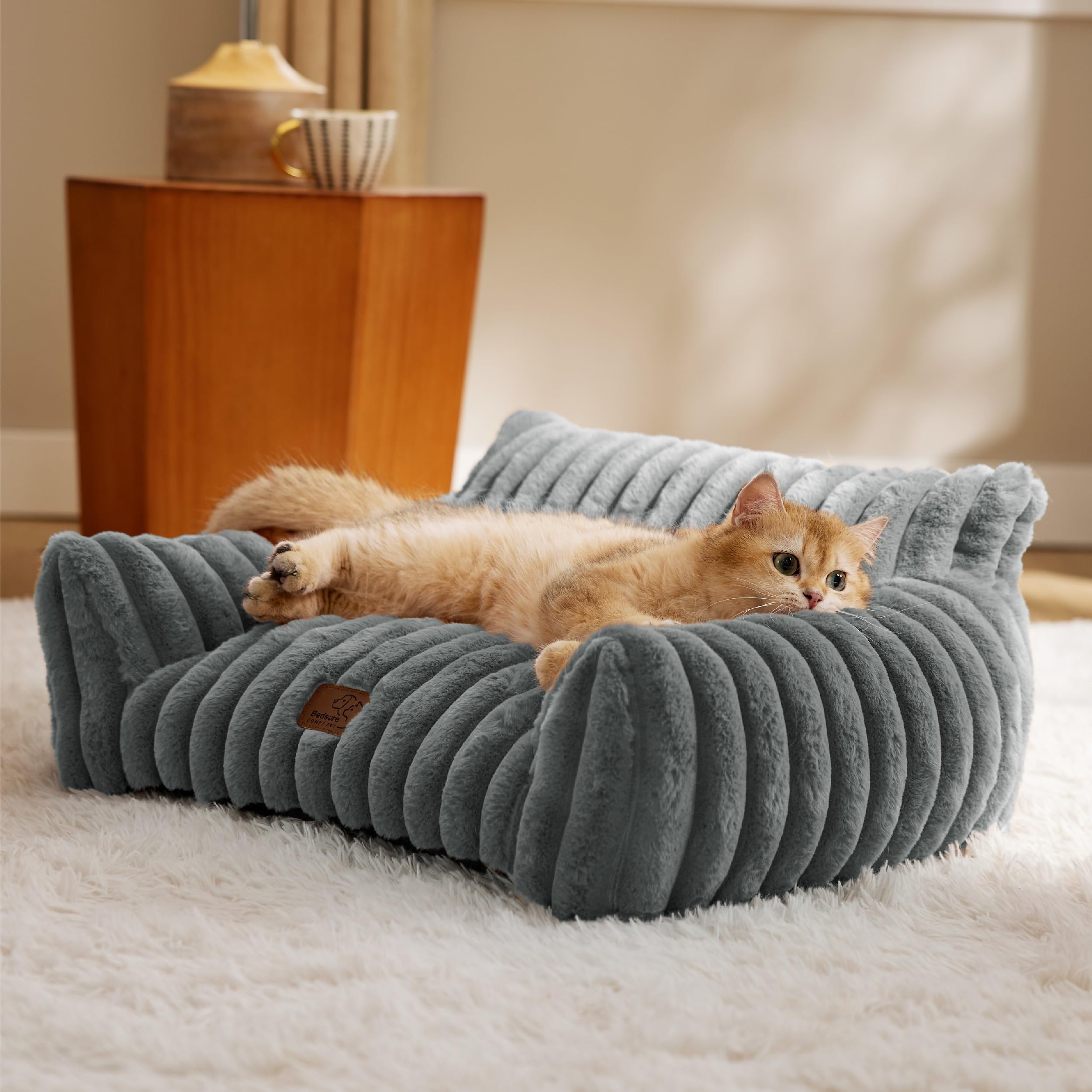 Bedsure Cute Cat Couch warm grey front view showcases plush surface for cozy naps.