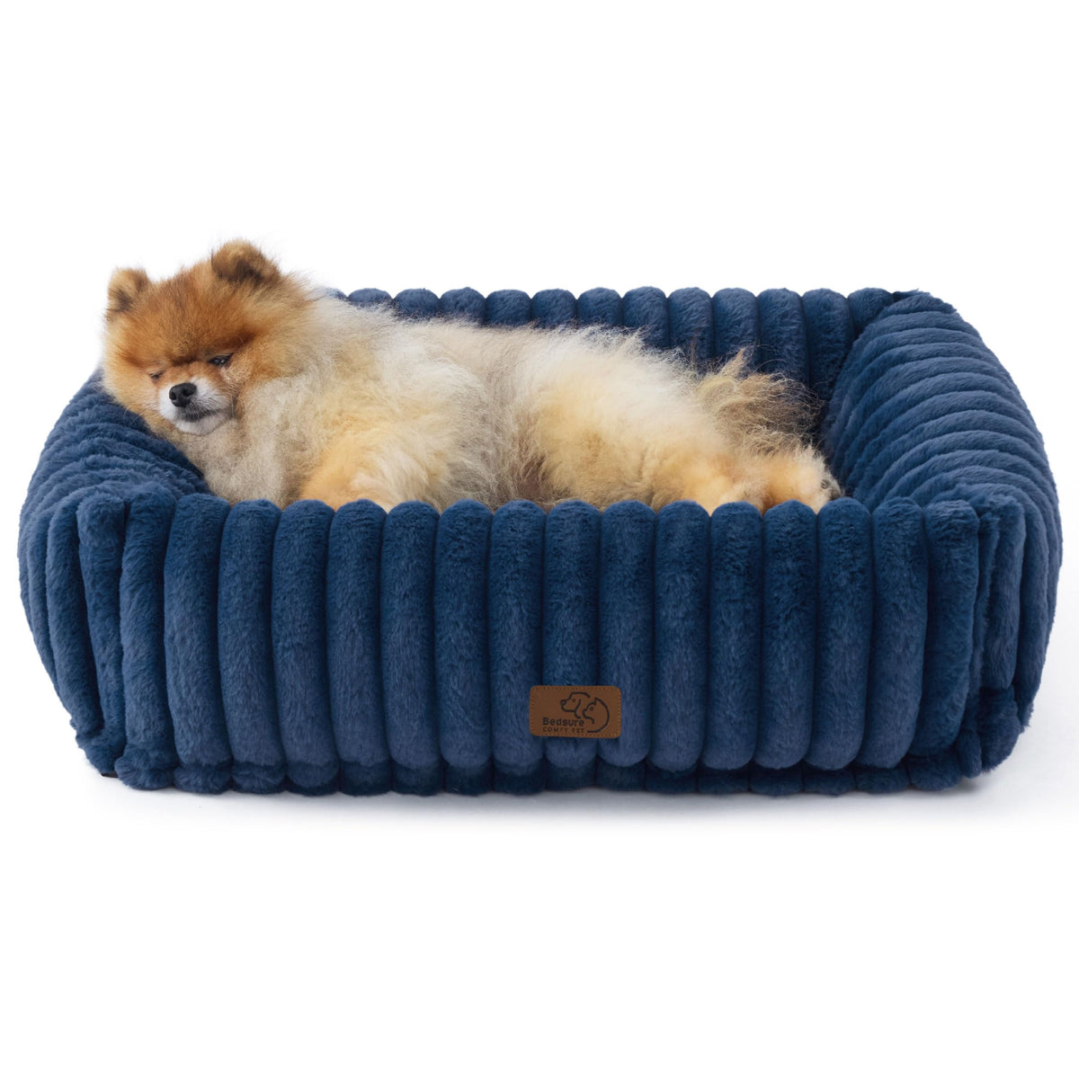Bedsure cute dog bed night blue rectangle shows cozy fur and raised sides for snuggling.