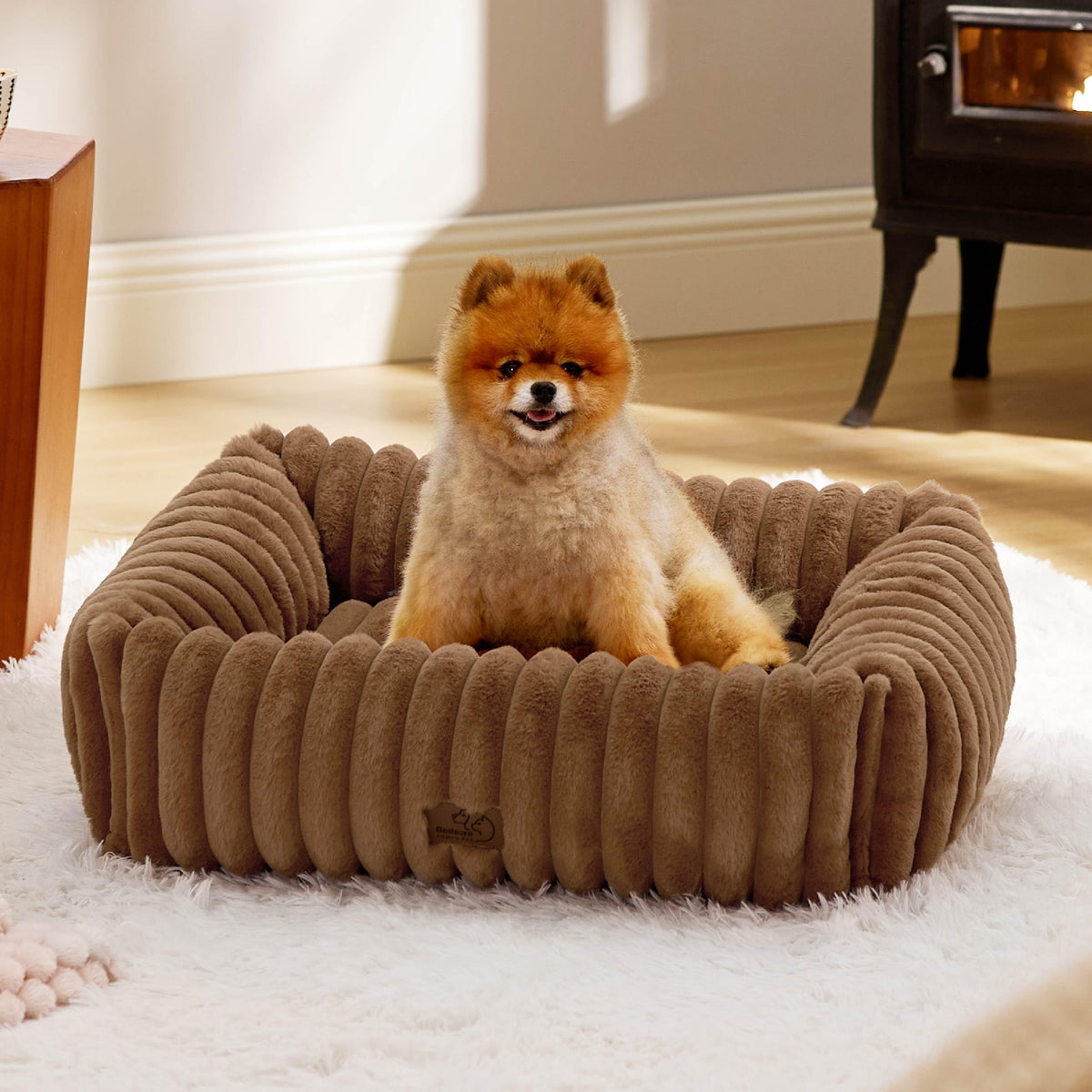 Bedsure cute dog bed side view in camel brown for snug, secure sleep.