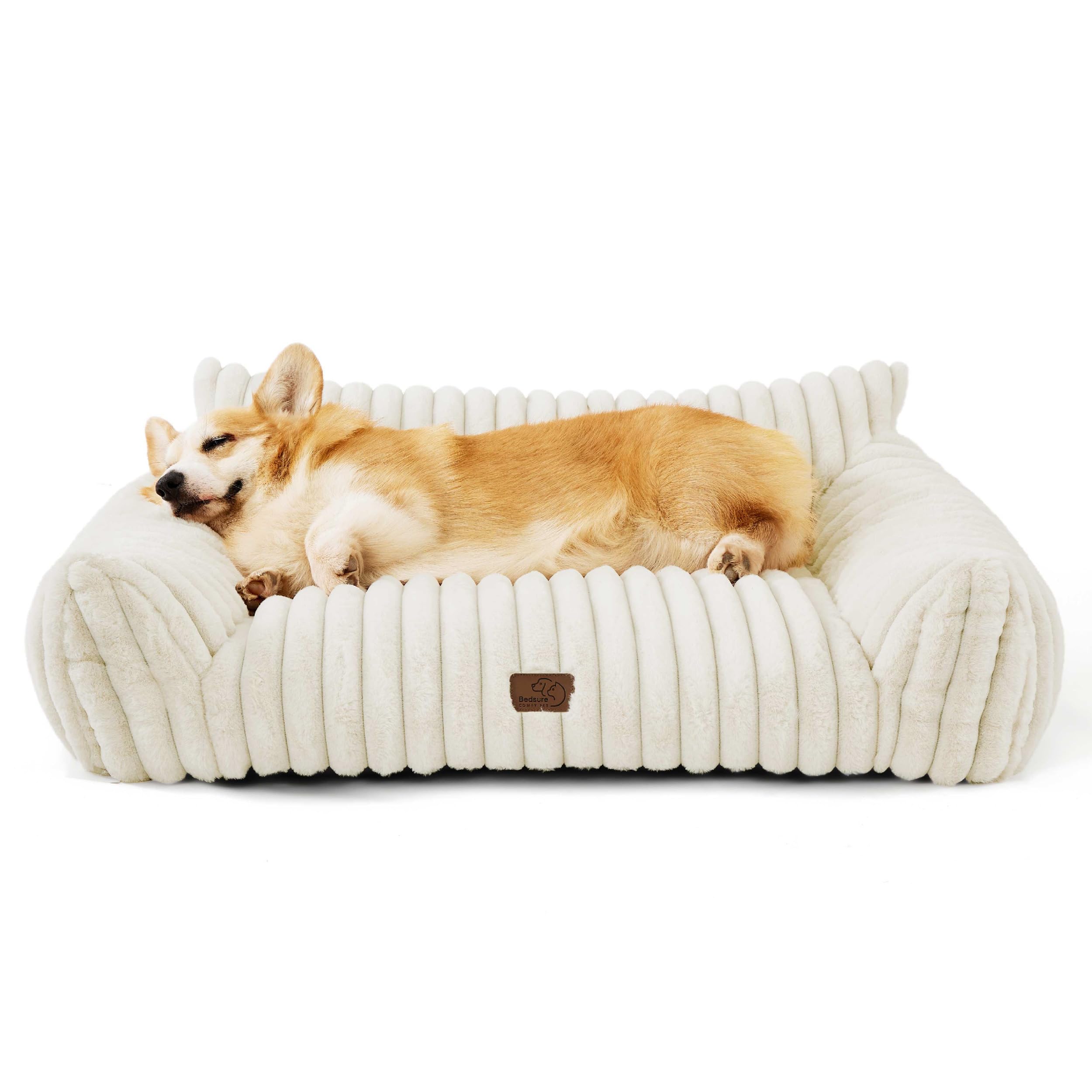 Bedsure Cute Dog Couch 36inch cream cover close-up showing plush support for medium dogs