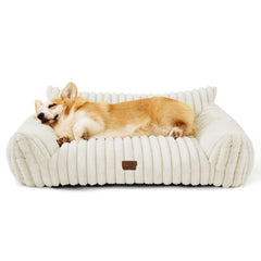 Bedsure Cute Dog Couch 36inch cream cover close-up showing plush support for medium dogs