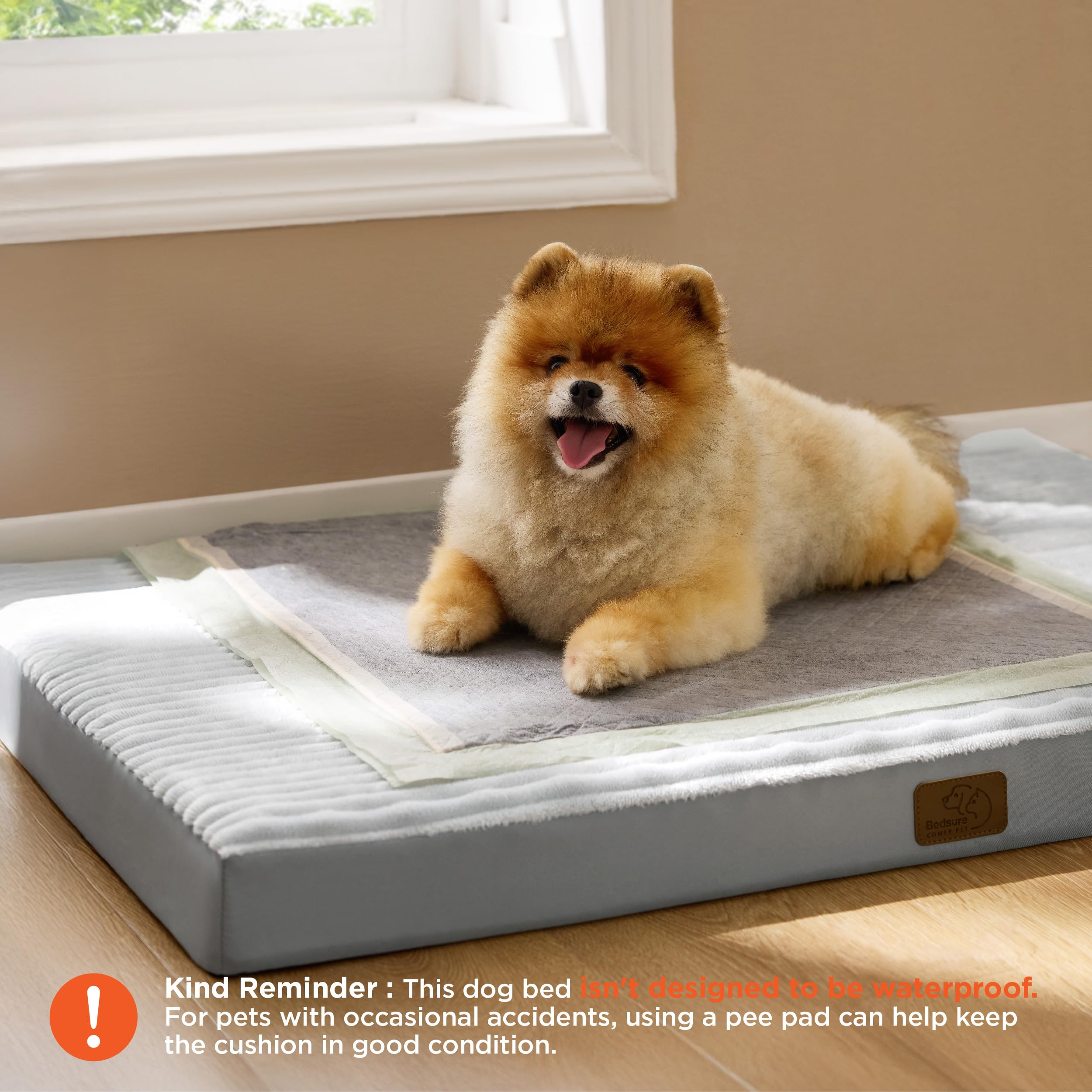Bedsure dog bed medium foam support image highlights even weight distribution for restful sleep.