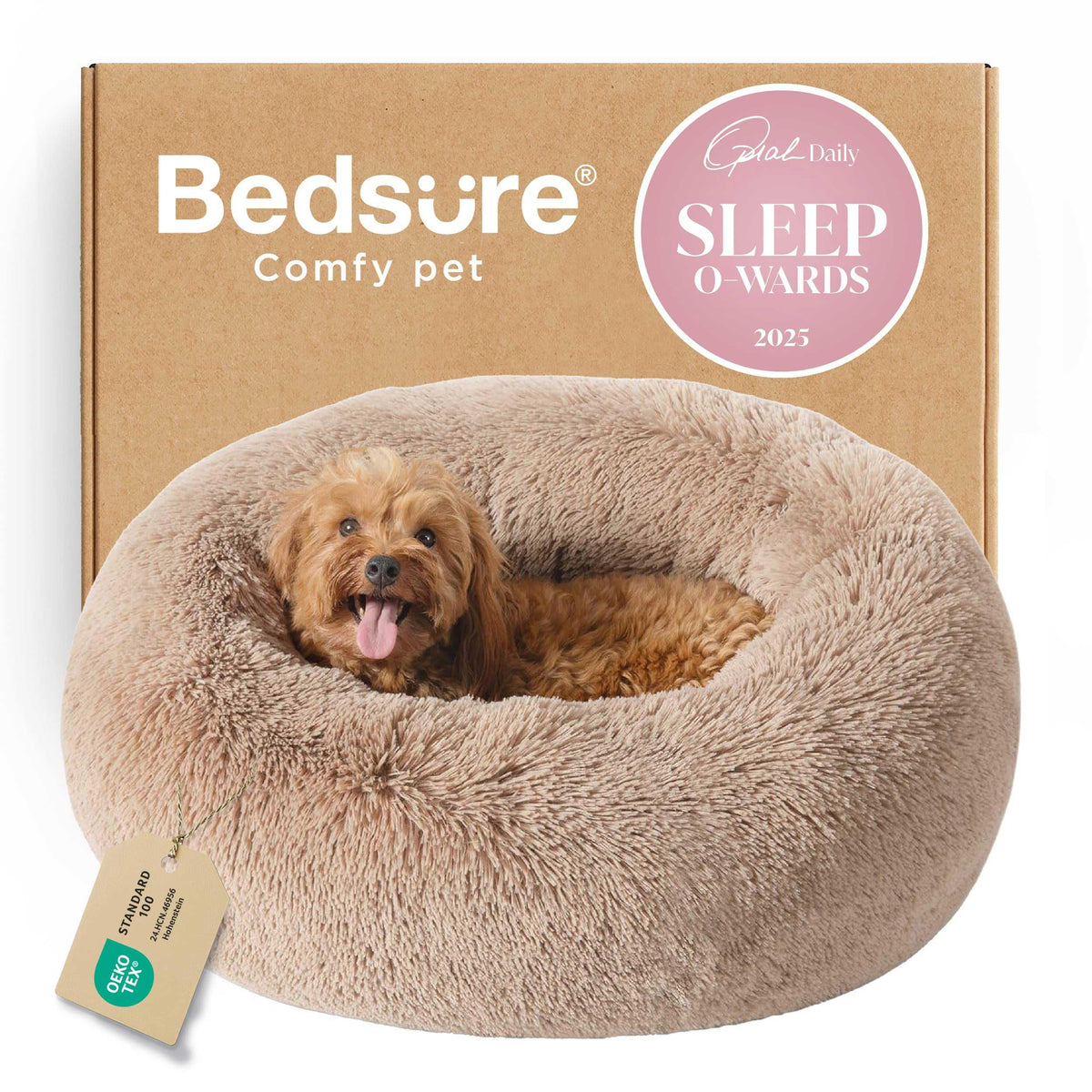 Bedsure calming dog bed round camel: plush fur for soothing cuddles and secure head support.